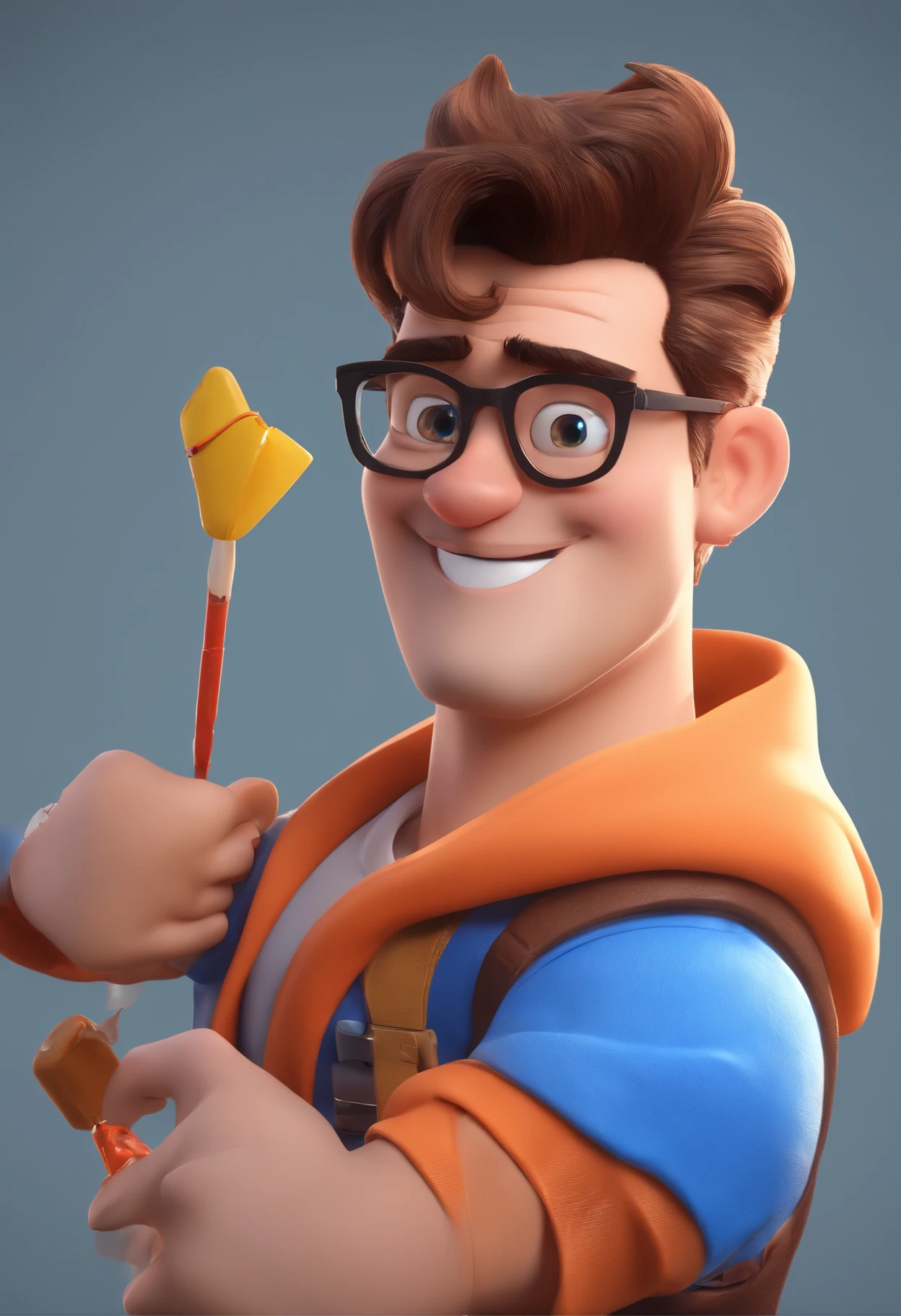 Cartoon character of a man wearing black glasses and a blue shirt, um personagem animado, Caractere estilizado, animation style rendering, 3D estilizado, Arnold Maya render, 3 d render stylized, toon render keyshot, Personagem 3D, Personagem 3D, 3d rendering stylized, 3 d character render, personagem de desenho animado, Personagem de close up, Pose de personagem, (Estilo Pixar) (master part:1.2) (Bokeh) (best quality) (pele detalhada) (textura detalhada) (8k) (argila) (Cinematic lighting) (foco nítido，Senta e vaza a parte superior do corpo