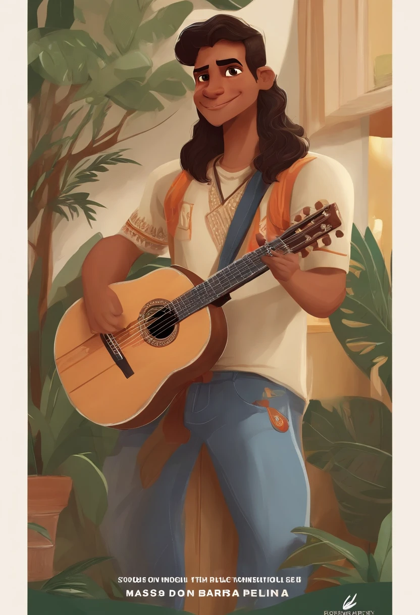 crie um banner no estilo Pixar. A boy with Indian features, moreno pardo com cabelos curtos, Castanhos escuros, Goosebumps and slightly grayish appearance, mas jovem, com barba rala e usando uma camiseta, Wearing jeans and holding a classical guitar with 6 strings.