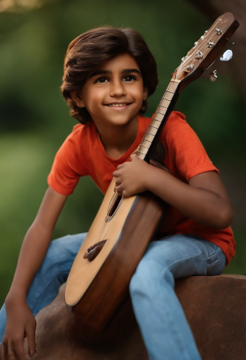 crie um banner no estilo Pixar. A boy with Indian features, moreno pardo com cabelos curtos, Castanhos escuros, Goosebumps and slightly grayish appearance, mas jovem, com barba rala e usando uma camiseta, Wearing jeans and holding a classical guitar with 6 strings.