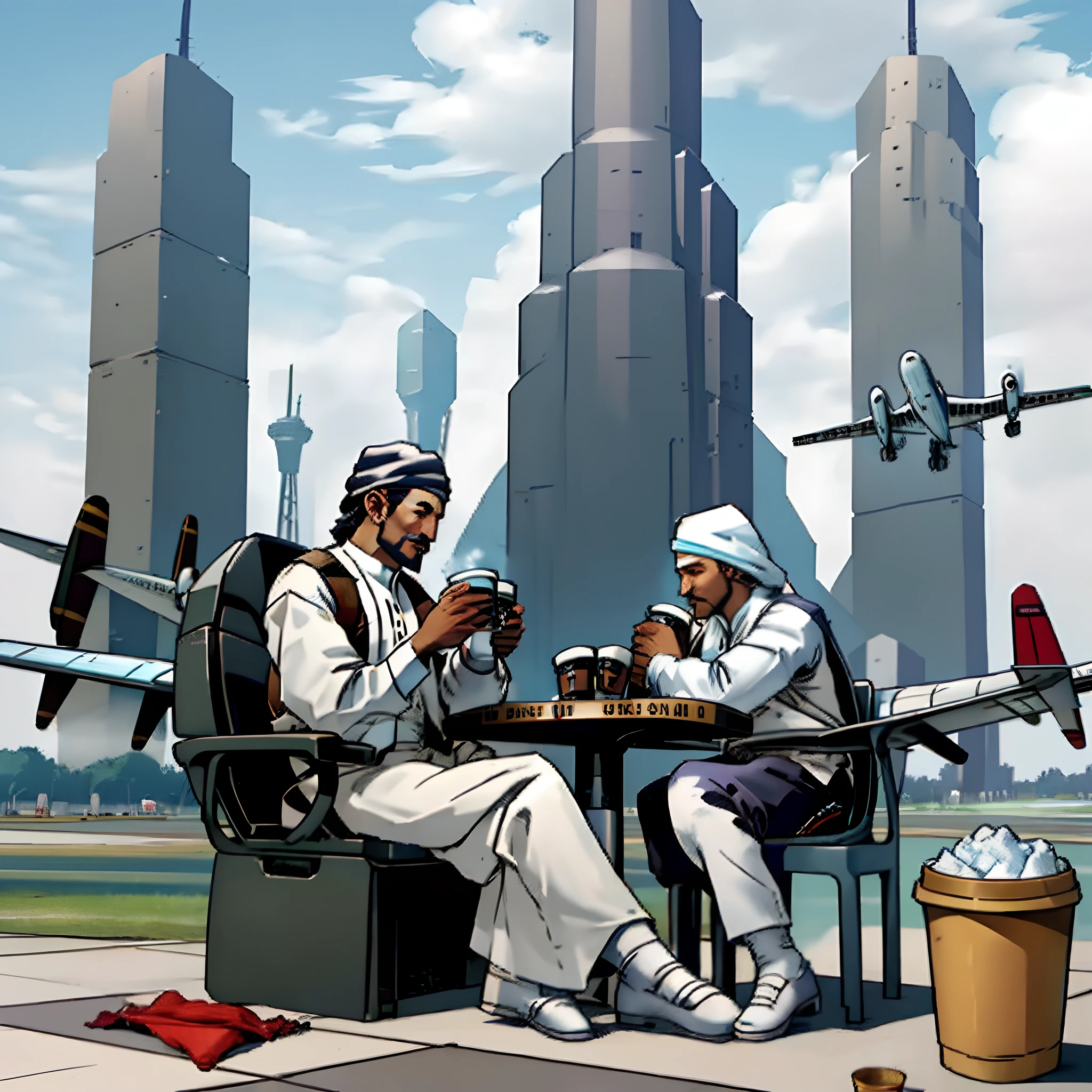 bin laden sitting down next to twin towers with lean in styrofoam cup and plane