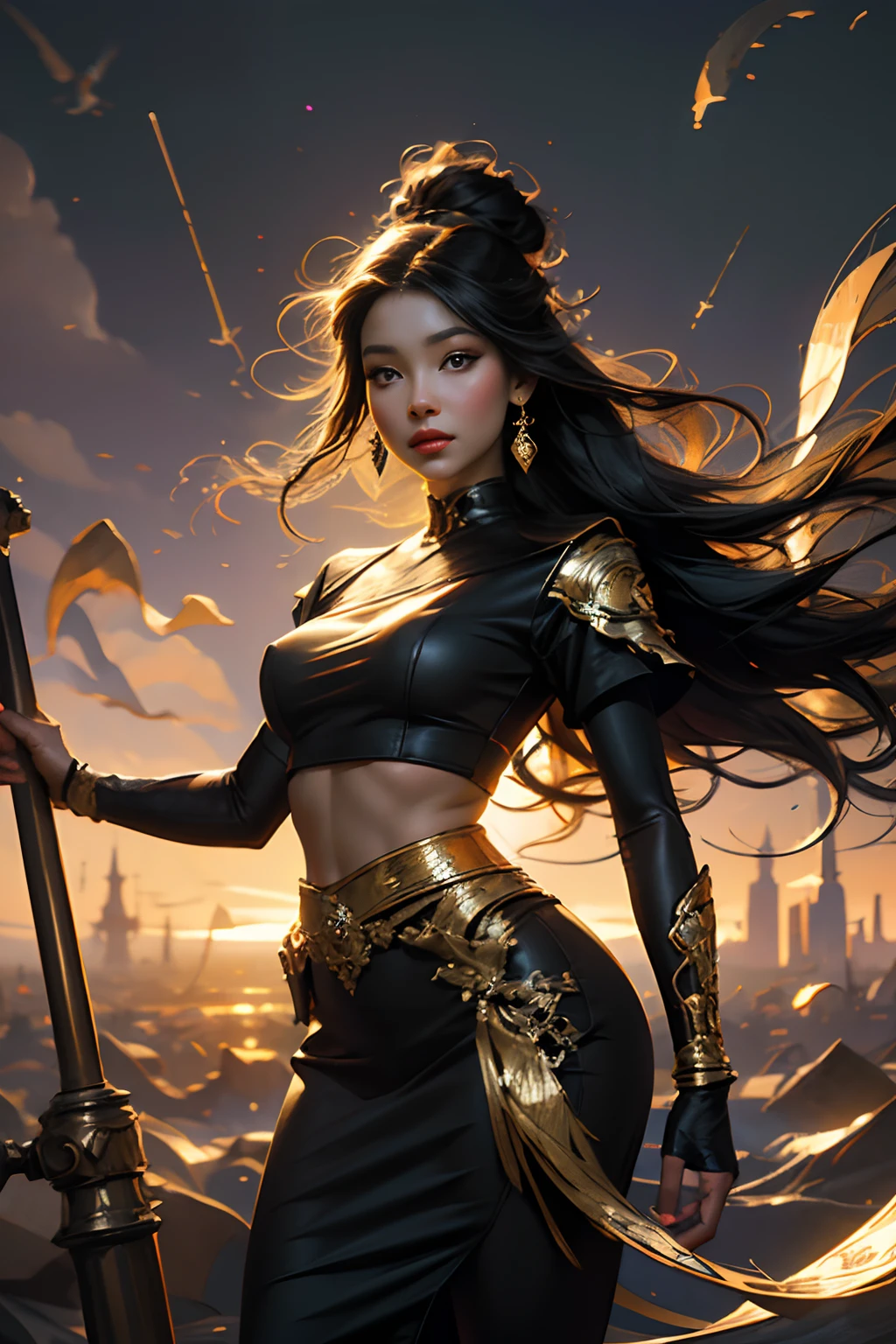 A tough Chinese woman,Wearing gorgeous and exquisite armor,with her back to the picture,The back reveals an unyielding strength and majesty。Her armor is richly decorated with gems and metals,Shimmering with a unique light,Showing her nobility and glory。
In the background is a tragic battlefield scene,The tall city gate was burning in flames,The firelight illuminates every inch of the battlefield。There were corpses all around,River of blood,The neighing of war horses、The soldiers' cries mingled together,Create a tragic and shocking atmosphere。
Beacon fire,Wolf smoke is everywhere,On the distant skyline,Streams of beacon smoke soared into the sky,It's like the trumpet of war is blowing constantly。The whole picture is full of tension and intense atmosphere,Makes people feel as if they are there,Feel the cruelty and ruthlessness of the battlefield。
In terms of color,Main colors are dark red and gold,Emphasize the bloodiness of the battlefield and the glory of women。at the same time,Add some cool elements,Like blue sky and beacon fire,form a sharp contrast,Increase the visual impact of the picture。
In terms of details,Pay attention to the texture and sheen of the armor,And the flow of flames and smoke from the burning city gates。at the same time,By adjusting the brightness and contrast of the picture,Make the subject more prominent,The background is more profound。
finally,This picture will show the tenacity and glory of a brave and fearless Chinese female warrior in a cruel battlefield.,Let people feel the courage and strength she represents。