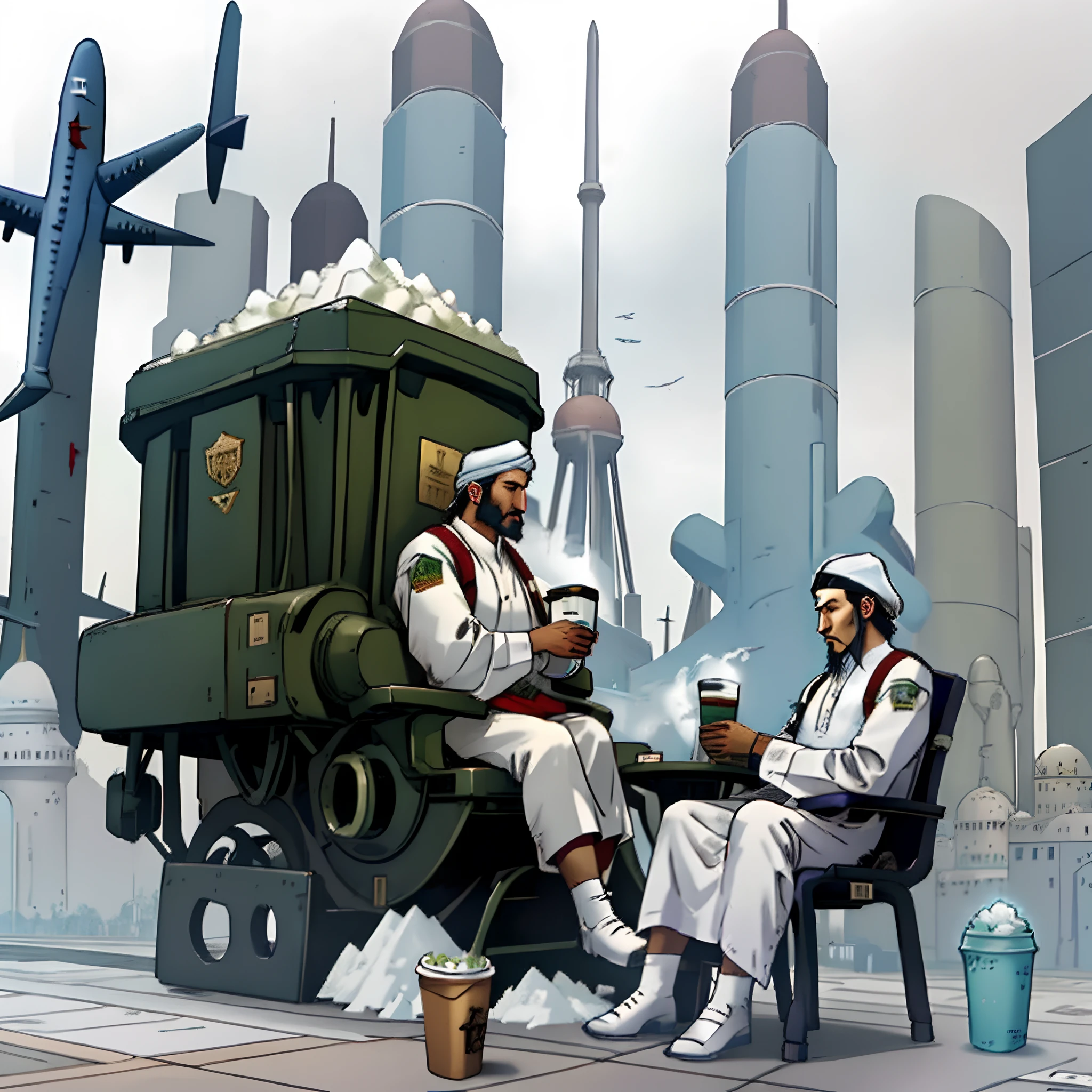 bin laden sitting down next to twin towers with lean in styrofoam cup and plane