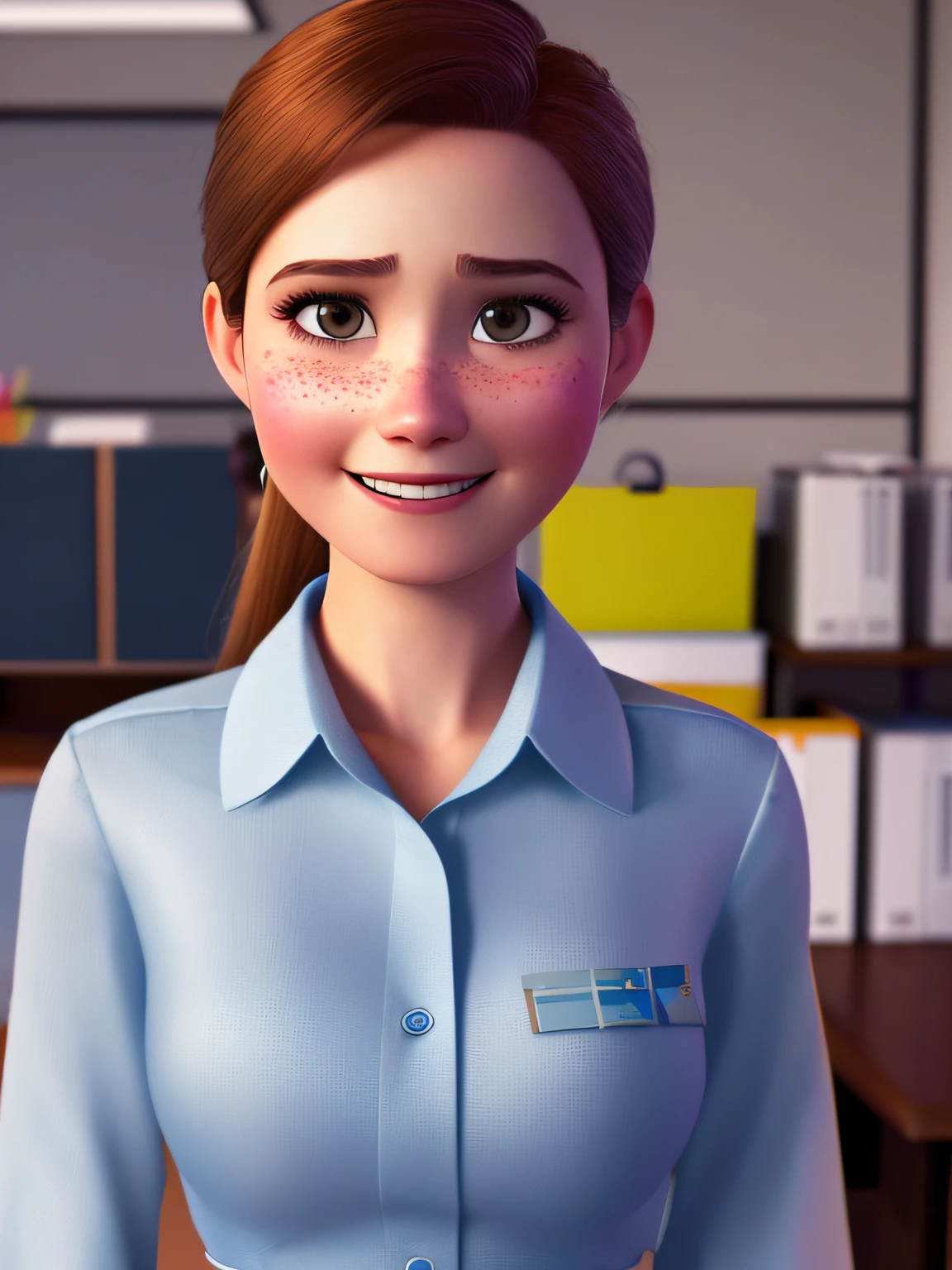pixarstyle a waist-length portrait of a young woman in a office shirt, smile, office, natural skin texture, 4k textures, hdr, intricate, highly detailed, sharp focus, cinematic look, hyperdetailed