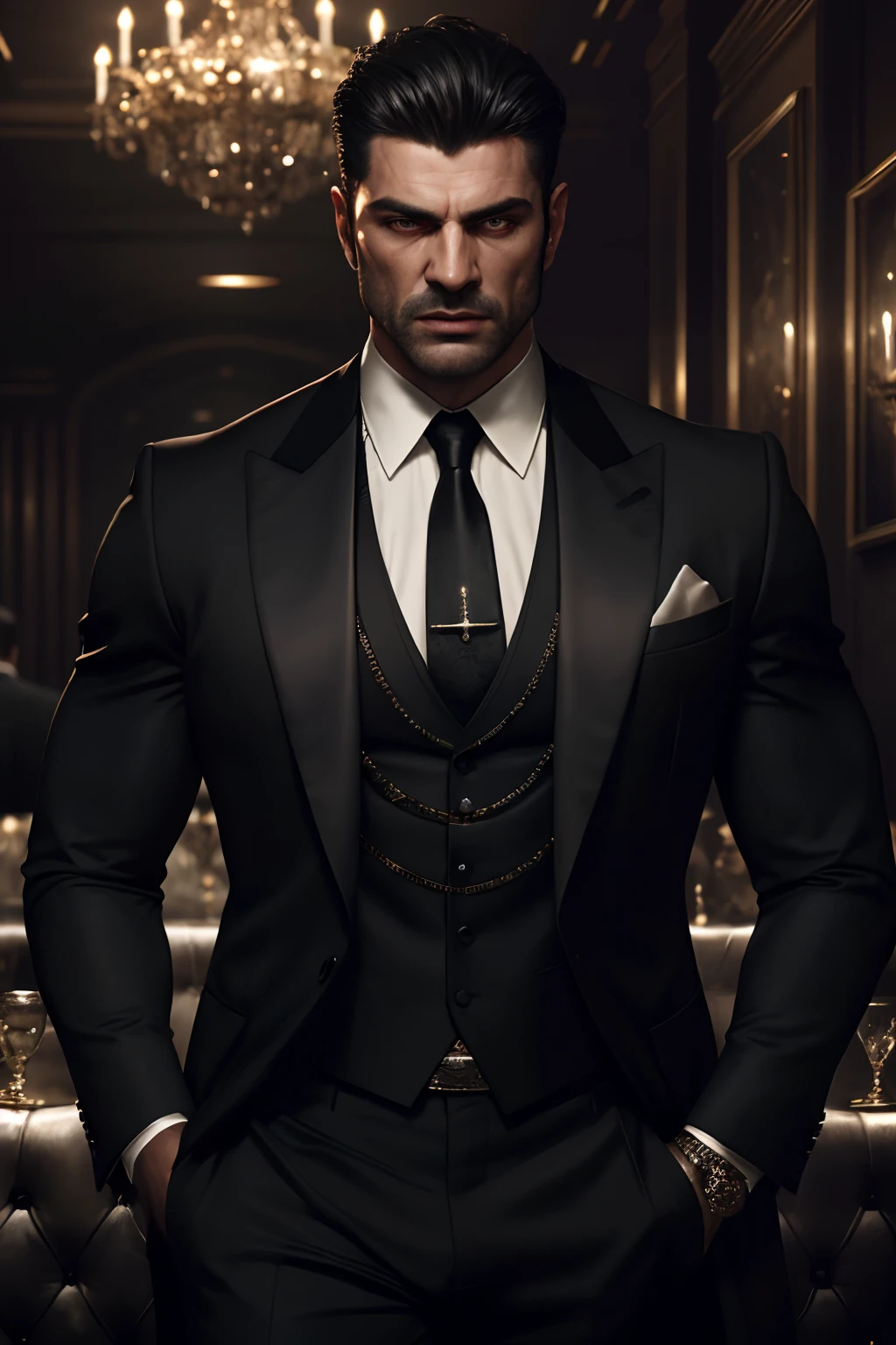 realistic (muscular man:1.1) mob boss, wearing intricate black elegant suite, portrait, short hair, jewelry, in a nightclub, spot lighting the scene, detailed background, intricate details, (illustration), masterpiece, high resolution, best quality.