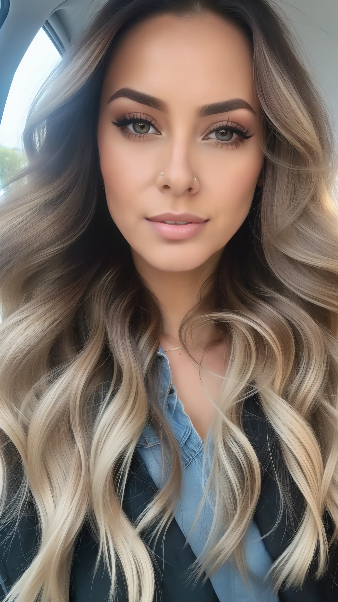 um close up de uma mulher com cabelos longos e uma jaqueta preta, morena com cabelos loiros tingidos, imagem de perfil, Kaitlyn Michelle Siragusa, inspirado em Tina Blondell, olhar sensual, dramatic highlights, longos cabelos ondulados e morenos, varrer, long flowing brown hair, brown flowing hair, Destaques brilhantes, Destaques brancos no cabelo, Vannessa Ives