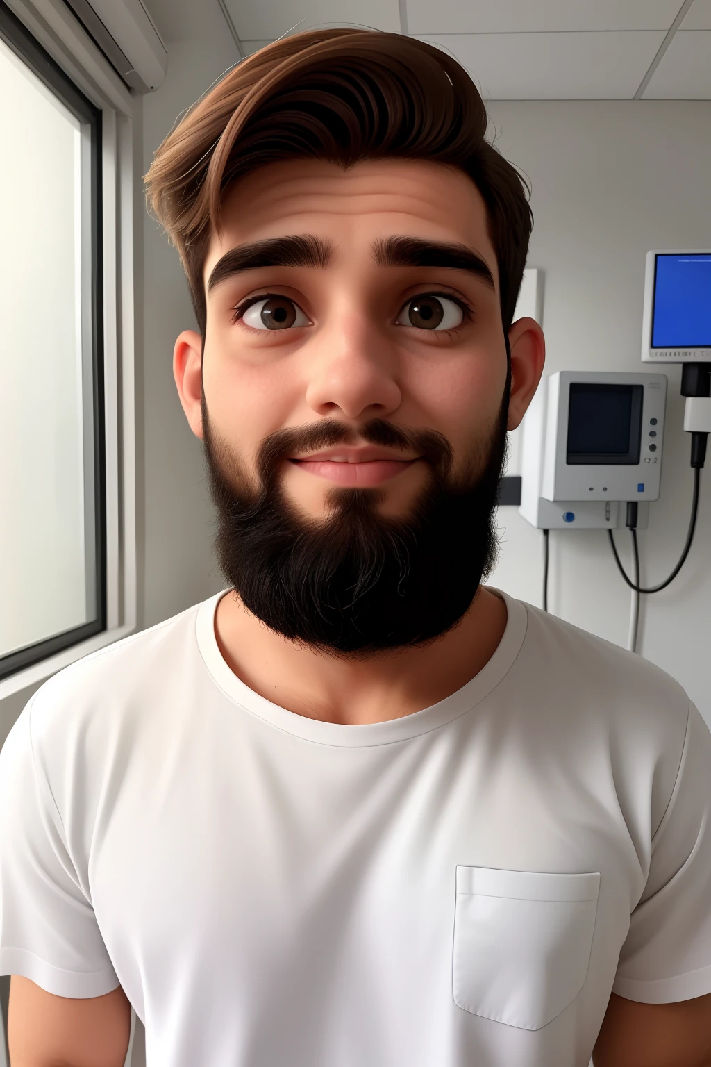Homem branco de 24 anos, enfermeiro, com barba, olhos castanhos, cabelo preto baixo em ambiente hospitalar .