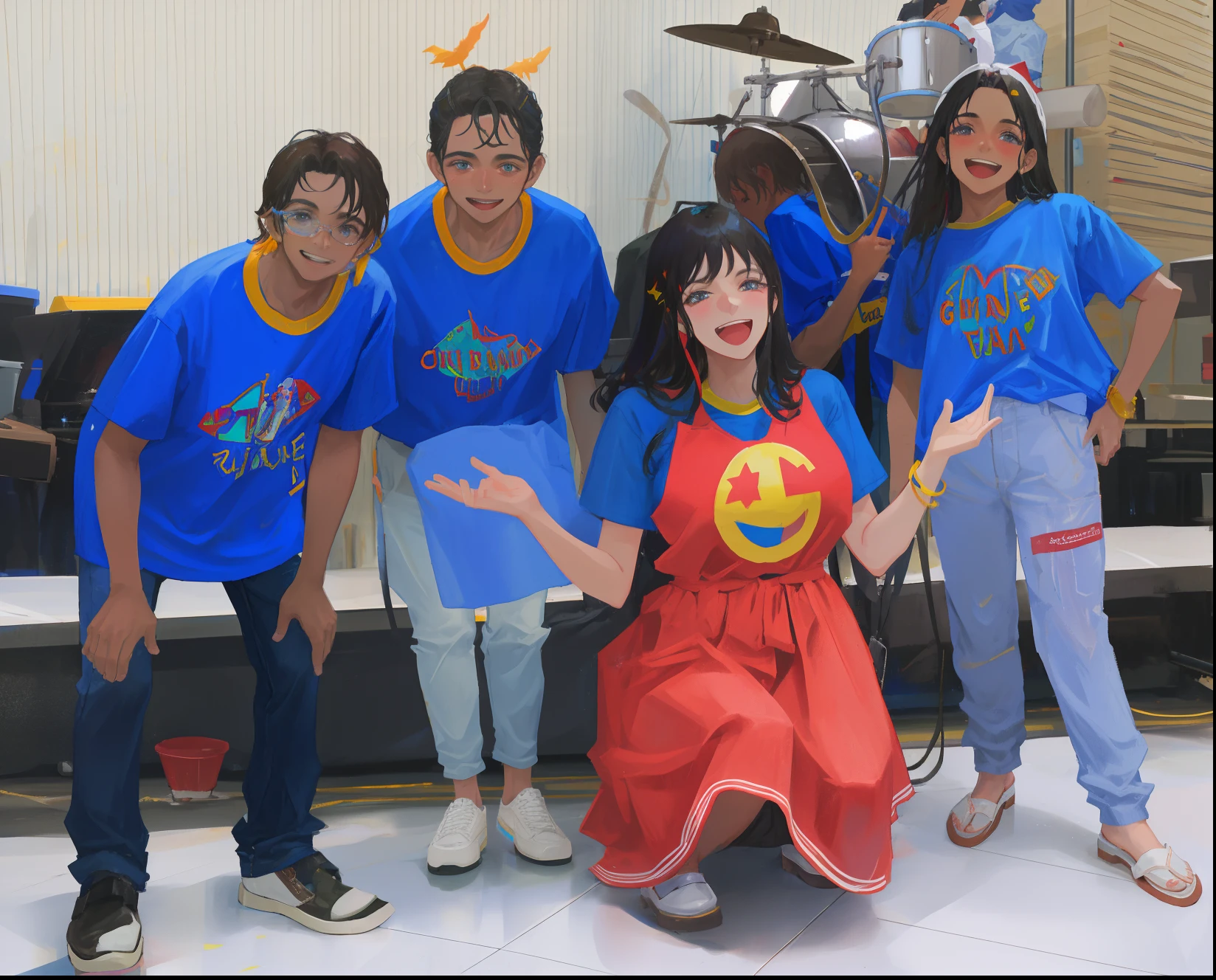 Several children in blue shirts and red pants posing for a photo, music show, videoclipe, garotada, Malika Favre, sao paulo, Nos bastidores, In Sao Paulo, em roupas azuis e amarelas, cabrito, Carnaval de Barranquilla, sorrisos brilhantes, Feliz!!!, Executar, edu souza, Directed by: Fernando Gerassi, Directed by: Willian Murai, Beautiful