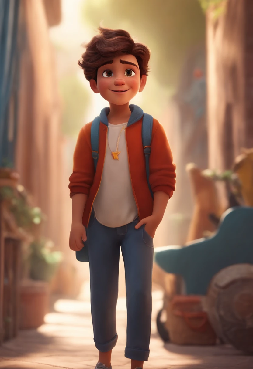 Image of a boy for a story in a YouTube video in Pixar format, He's the little allabester, He's the class leader, He's outgoing, Playful and gets up for a lot of things, cabelo curto