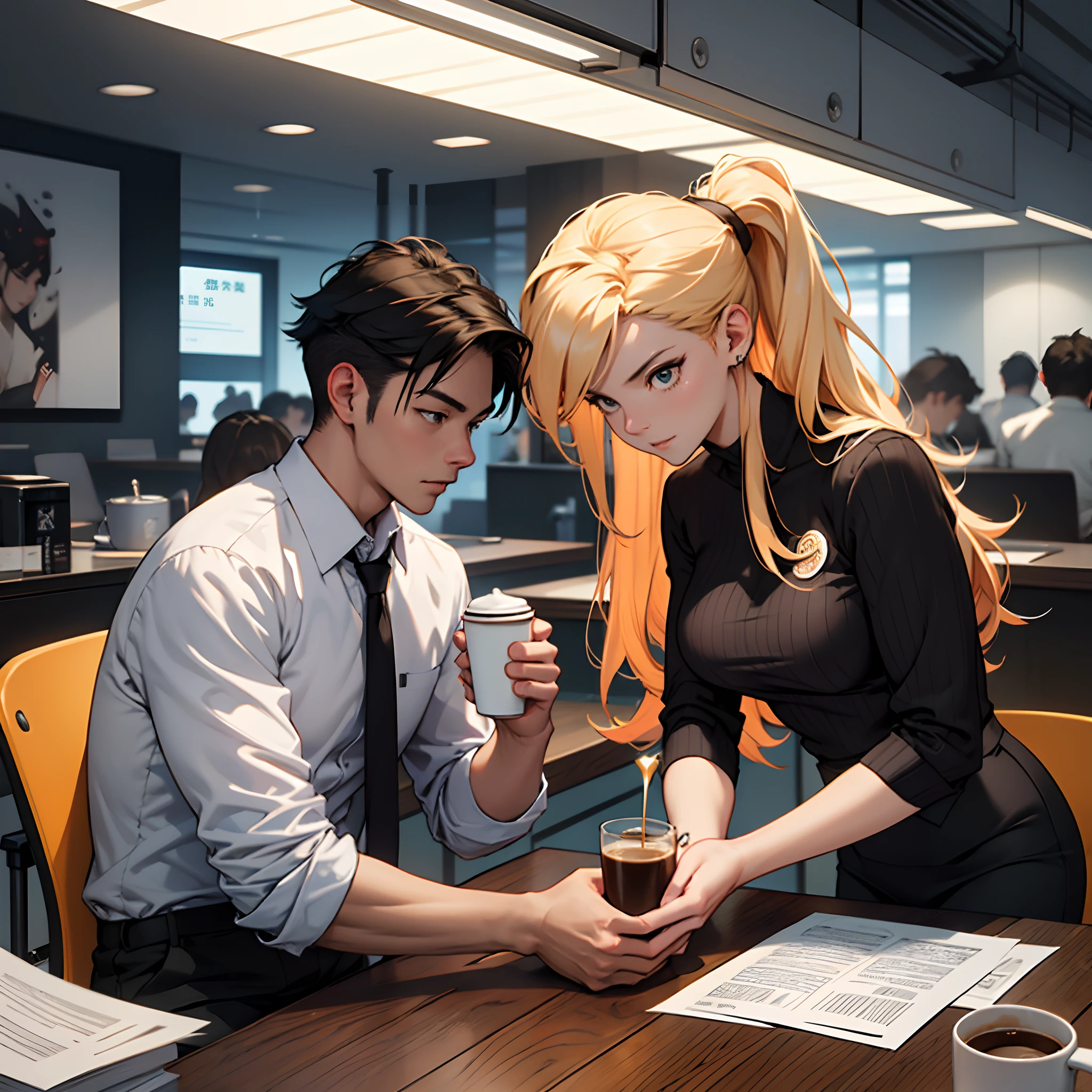 A young handsome business male  33 years old and a young female agent 25 years old sat at a table, Serious discussion, There was a contract and a cups of coffee on the table, Surrounded by comfortable offices, ,in the style of the stars art group xing xing, 32K, Best quality, Masterpiece, Super detail, High details,