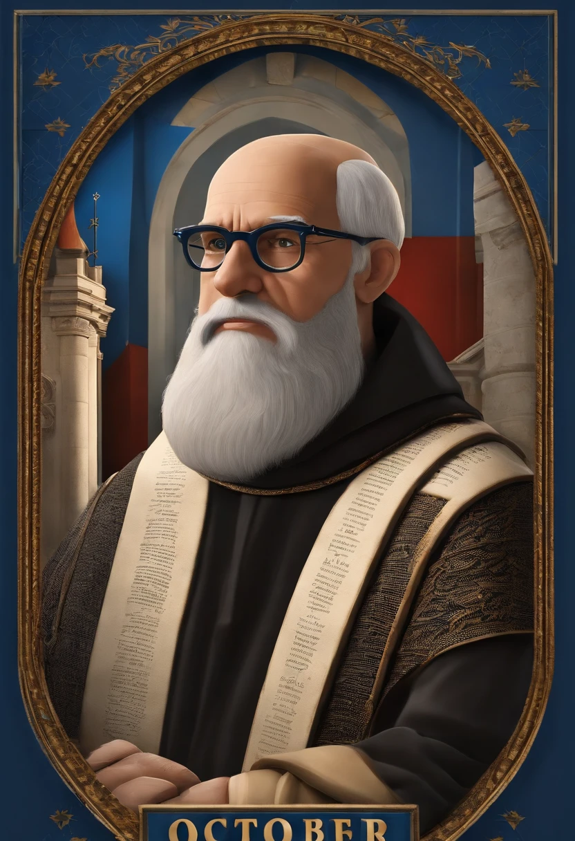Create a 3D Poster Inspired by Pixar Animation, de um homem de cabelos curtos, loiro, com barba, with blue frame rectangular glasses, vestindo roupas como as de Martinho Lutero. The scene is of this man setting down the 95 theses of the Protestant Reformation. On the poster it says: "October 31: Protestant Reformation Day".