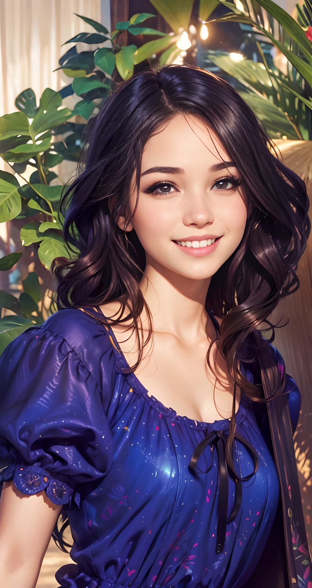 1girl, beautiful face, perfect brown eyes, round pupils, amazing summer dress, tropical background, by Adam hughes, upper body centered, multi-color hair, happy smile, 8k amazing details, volumetric lighting,
