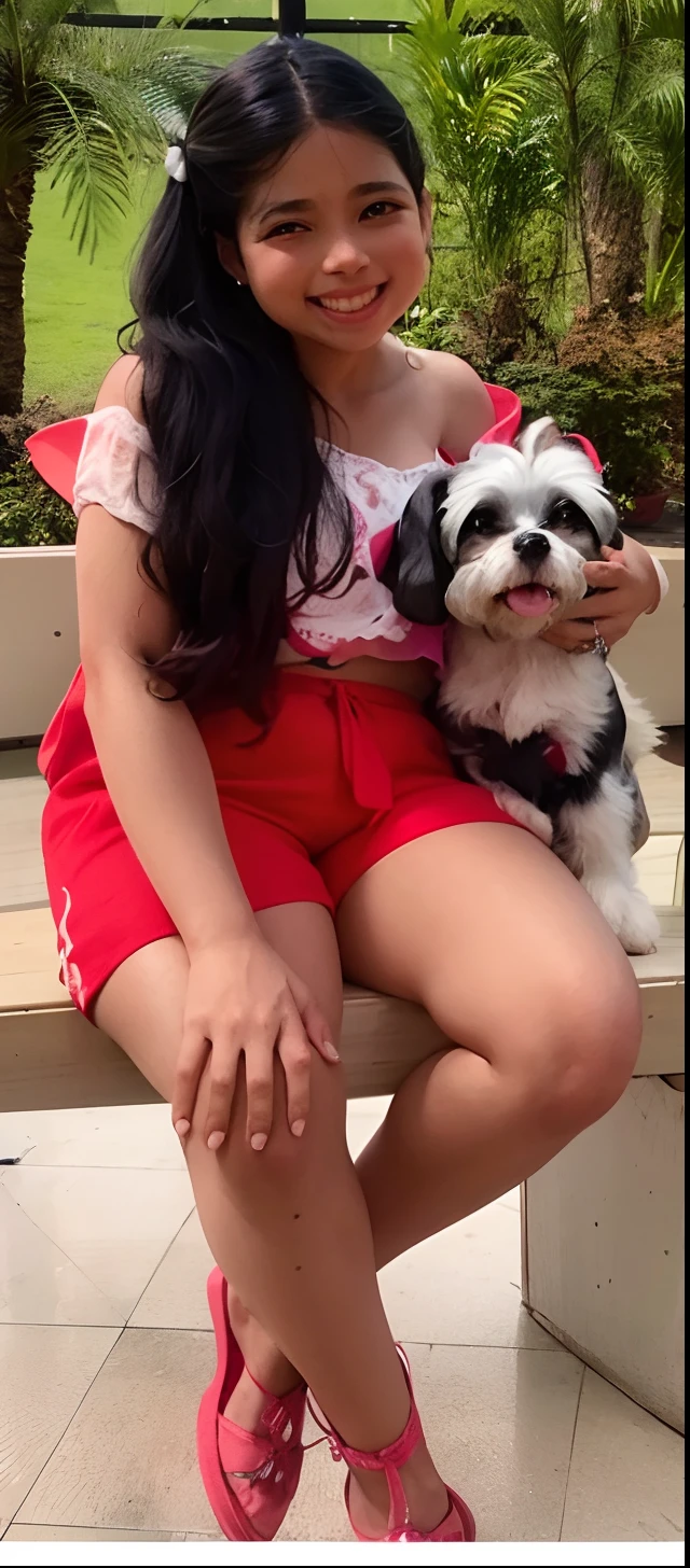 Menina sentada em um banco com um cachorro no colo, vestindo shorts vermelhos, com uma saia vermelha, vestido com um top e shorts, segurando seu yorkshire terrier, usando uma roupa vermelha, Shih Tzu, small white dog at her side, foto do perfil, 📷 Mungojerrie e Rumpleteazer, instagram post, belos arredores