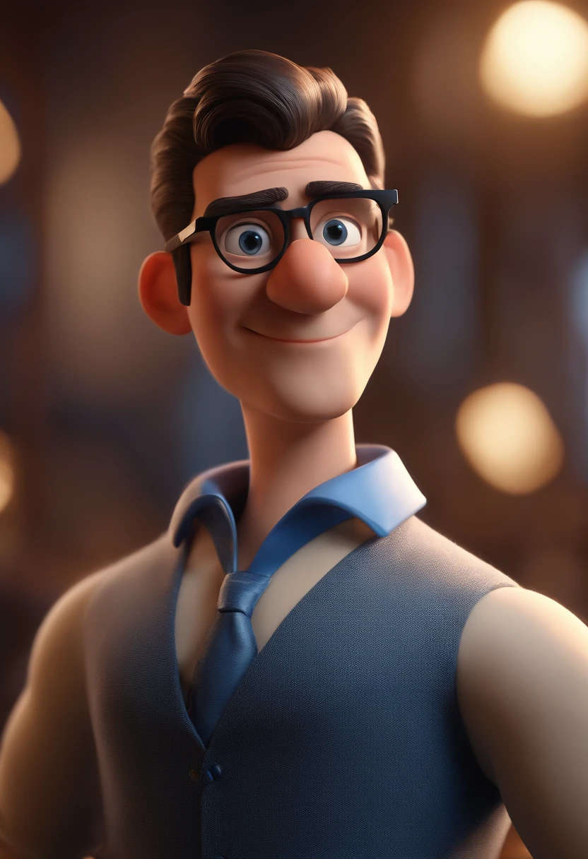 Cartoon character of a man with black glasses and a blue shirt, animation character, Caractere estilizado, animation style rendering, 3D estilizado, Arnold Maya render, 3 d render stylized, toon render keyshot, Personagem 3D, Personagem 3D, 3d rendering stylized, 3 d character render, personagem de desenho animado, Personagem de close up, Pose de personagem,  (Estilo Pixar) (master part:1.2) (Bokeh) (best quality) (pele detalhada) (textura detalhada) (8k) (argila) (Cinematic lighting) (foco nítido