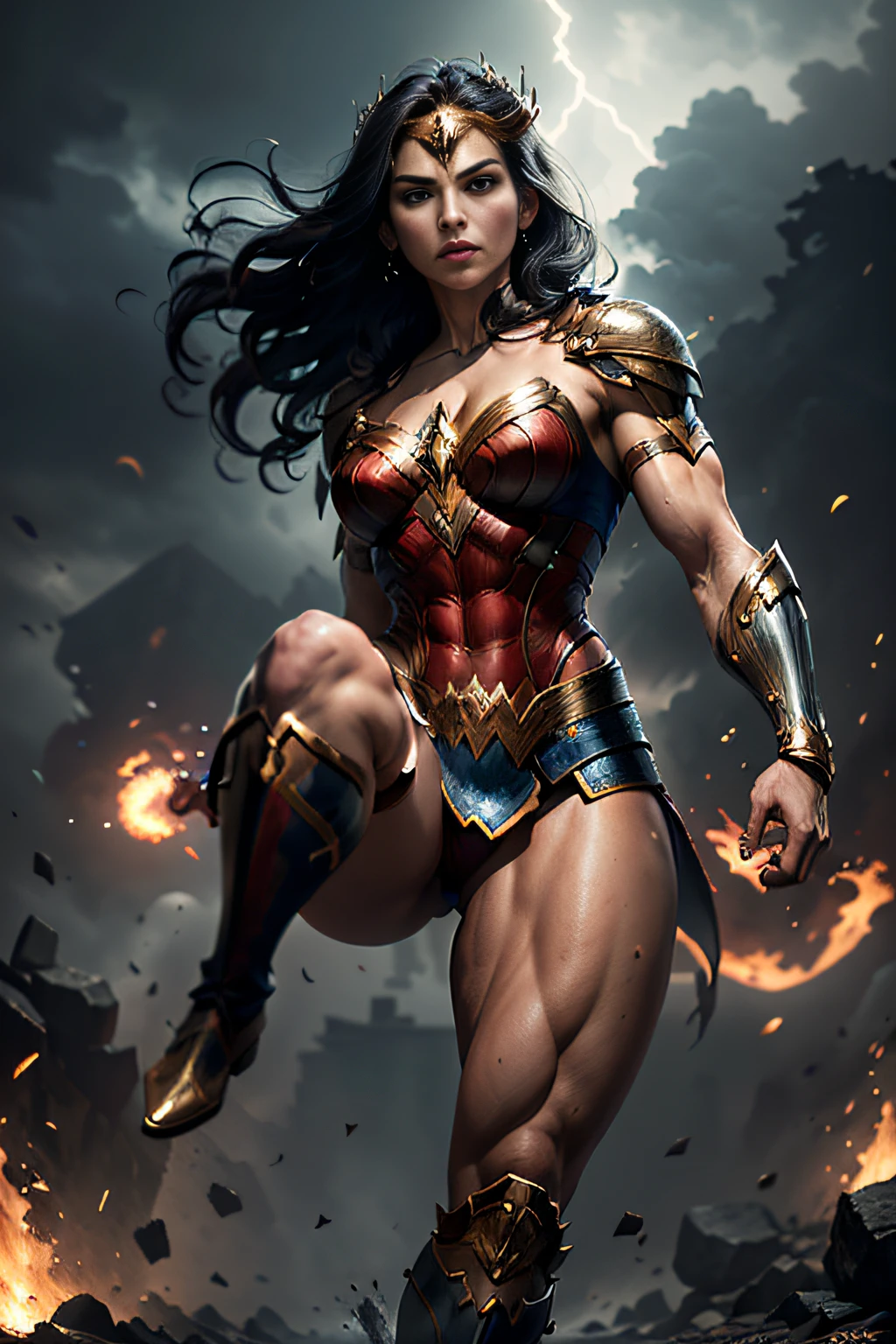 (best quality,4k,8k,highres,masterpiece:1.2),ultra-detailed,(realistic,photorealistic,photo-realistic:1.37),Hermosa y exhuberante Wonder Woman,portrait,dark background,sharp focus,intense colors,detailed armor,long flowing hair,confident expression,thick eyebrows,fierce gaze,warrior princess,metallic texture,strong muscles,emblematic tiara,powerful pose,strong physique,leather boots,brave warrior,determined eyes,lasso of truth,graceful movement,heroic stance,lighting from below,stormy atmosphere,red and blue costume,amazing blend of strength and beauty,defender of justice,compelling composition,majestic presence,mythical goddess,innocent yet fierce,inspiration for generations,iconic superheroine,impressive physique,empowering symbol,commanding yet elegant,awe-inspiring,powerful woman