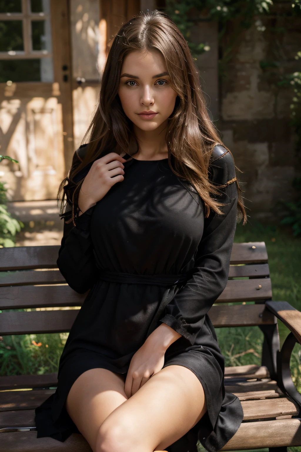 Natural Photograph of a Beautiful Caucasian Girl, sitting on a bench, black dress, Se pencher, cheveux longs et fluides, Grand buste, locks eyes in the camera, eyes symmetrical, symmetrical face, photoreallistic, photographie, Plot layout, specular lighting, Volumetric light of the face, Chemin des cheveux, Ombres visibles, complexe, elaborate