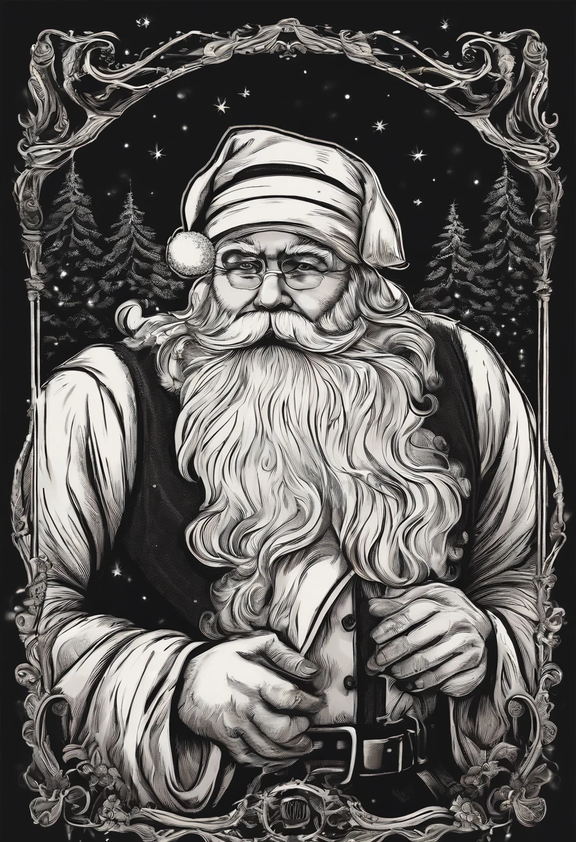 /imagine prompt: Santa Claus vintage illustration for a sticker with a black background, in bold outline style, jagged edges, trashcore, light shading --v 5.2