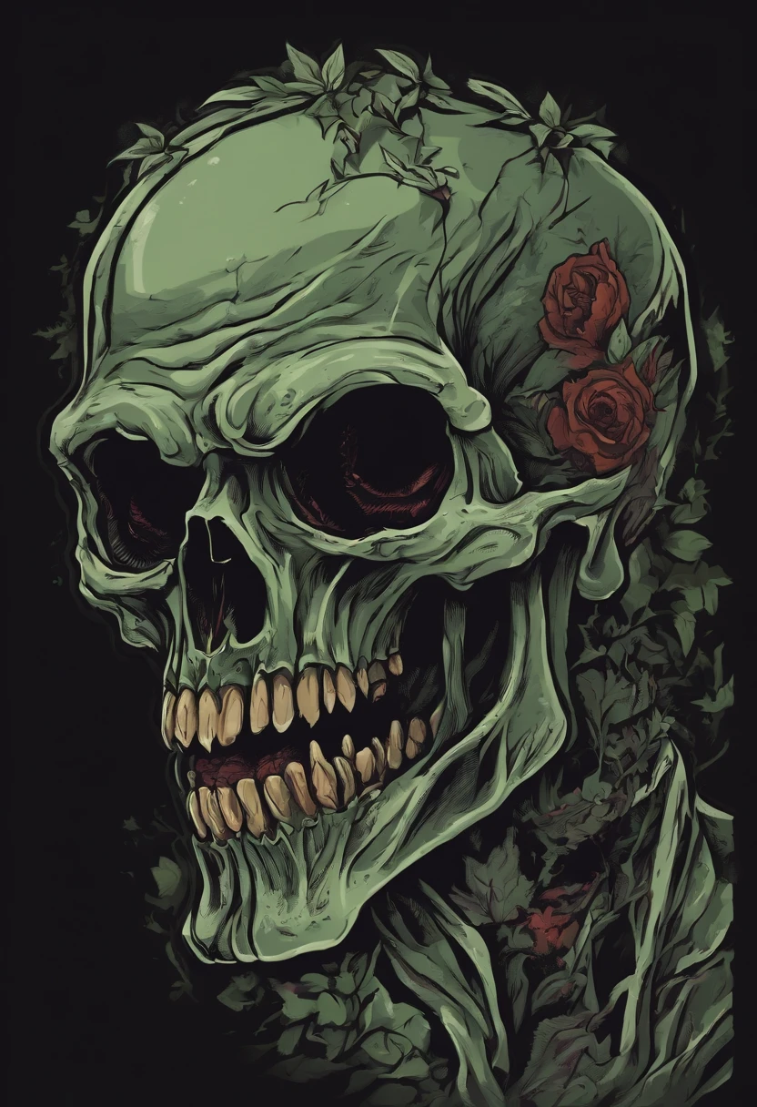 /imagine prompt: zombie ghoul illustration for a sticker with a black background, in bold outline style, jagged edges, trashcore, light shading --v 5.2