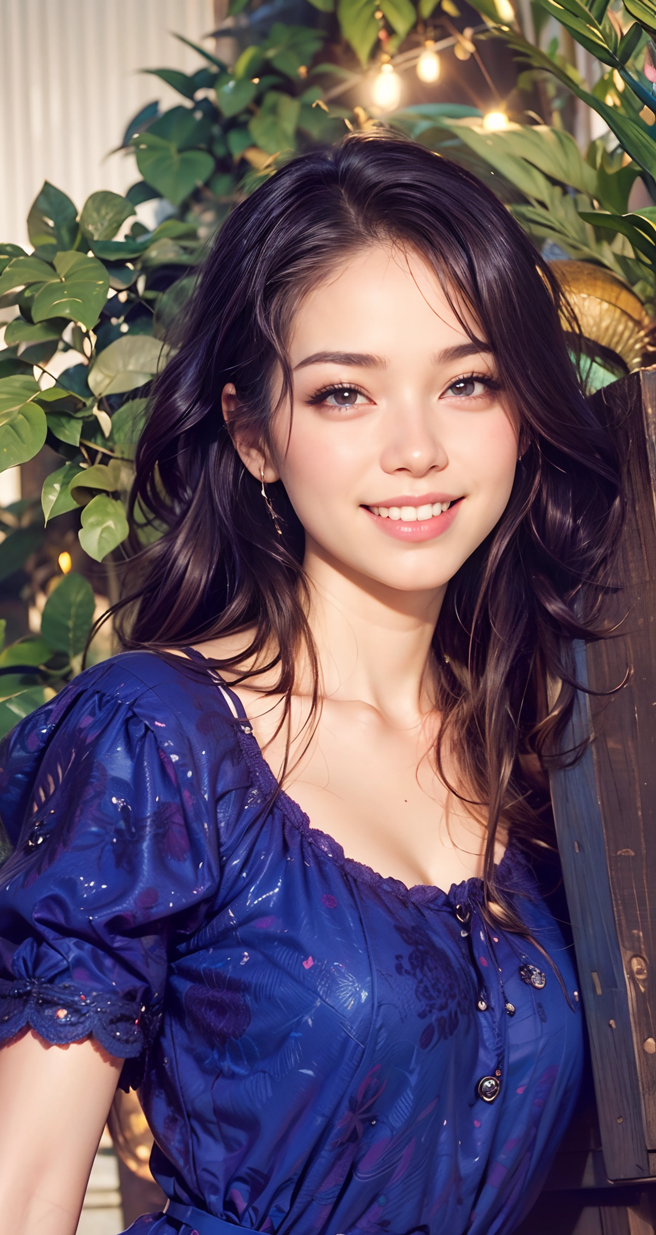 1girl, beautiful face, perfect brown eyes, round pupils, amazing summer dress, tropical background, by Adam hughes, upper body centered, multi-color hair, happy smile, 8k amazing details, volumetric lighting,