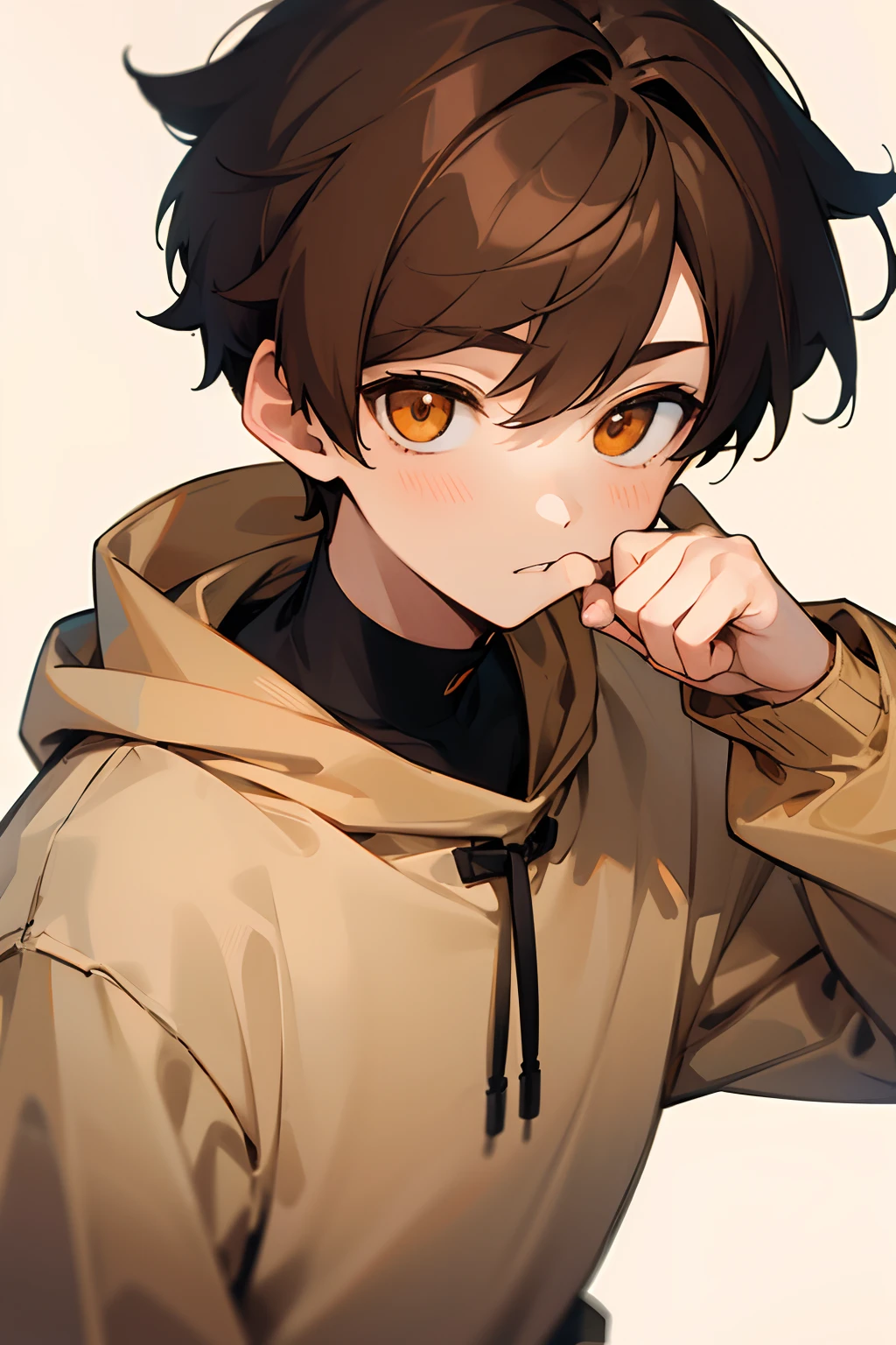 1 boy，Beige sweatshirt，Brown hair，Orange eyes，The upper part of the body