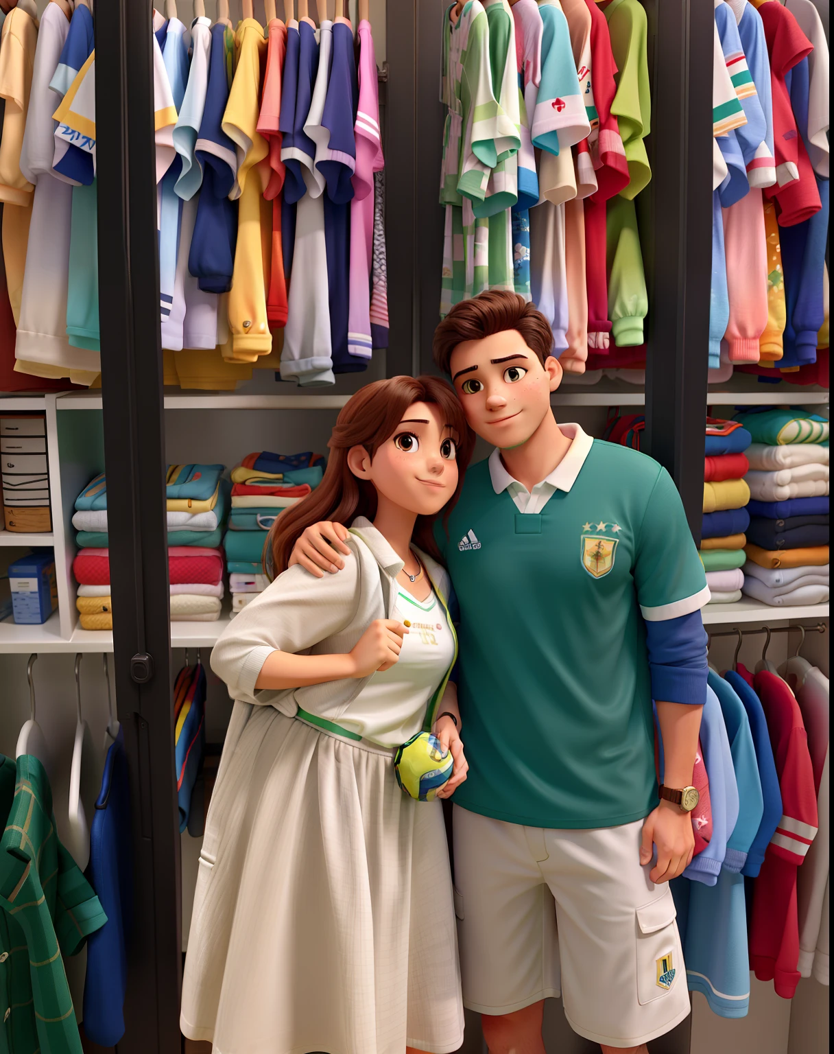 Um casal de gomem e mulher, In front of a closet, com camisas de futebol