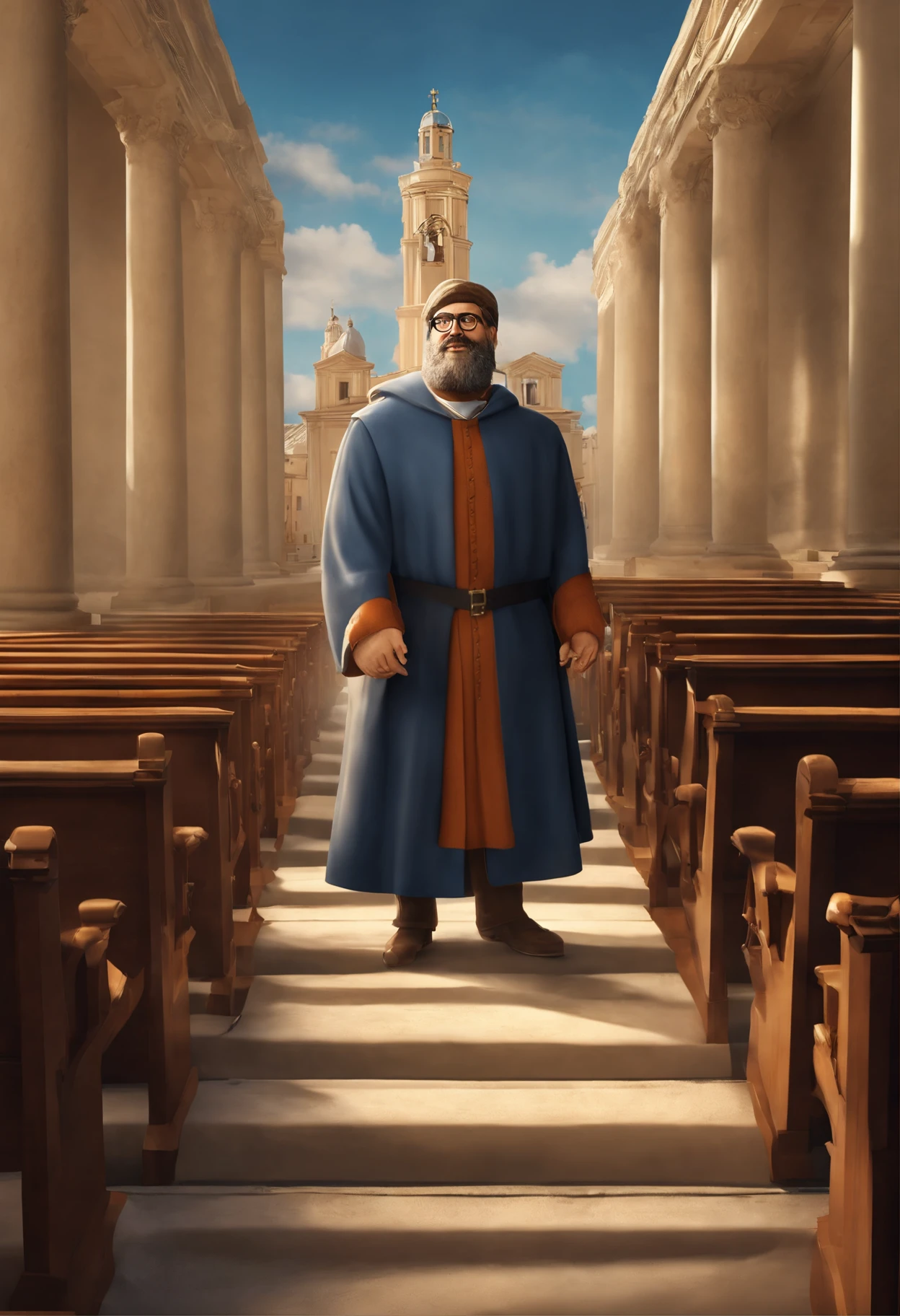 Create a 3D Poster Inspired by Pixar Animation, de um homem de cabelos curtos, loiro, com barba, with blue frame rectangular glasses, vestindo roupas como as de Martinho Lutero. The scene is of this man setting down the 95 theses of the Protestant Reformation. On the poster it says: "October 31: Protestant Reformation Day".