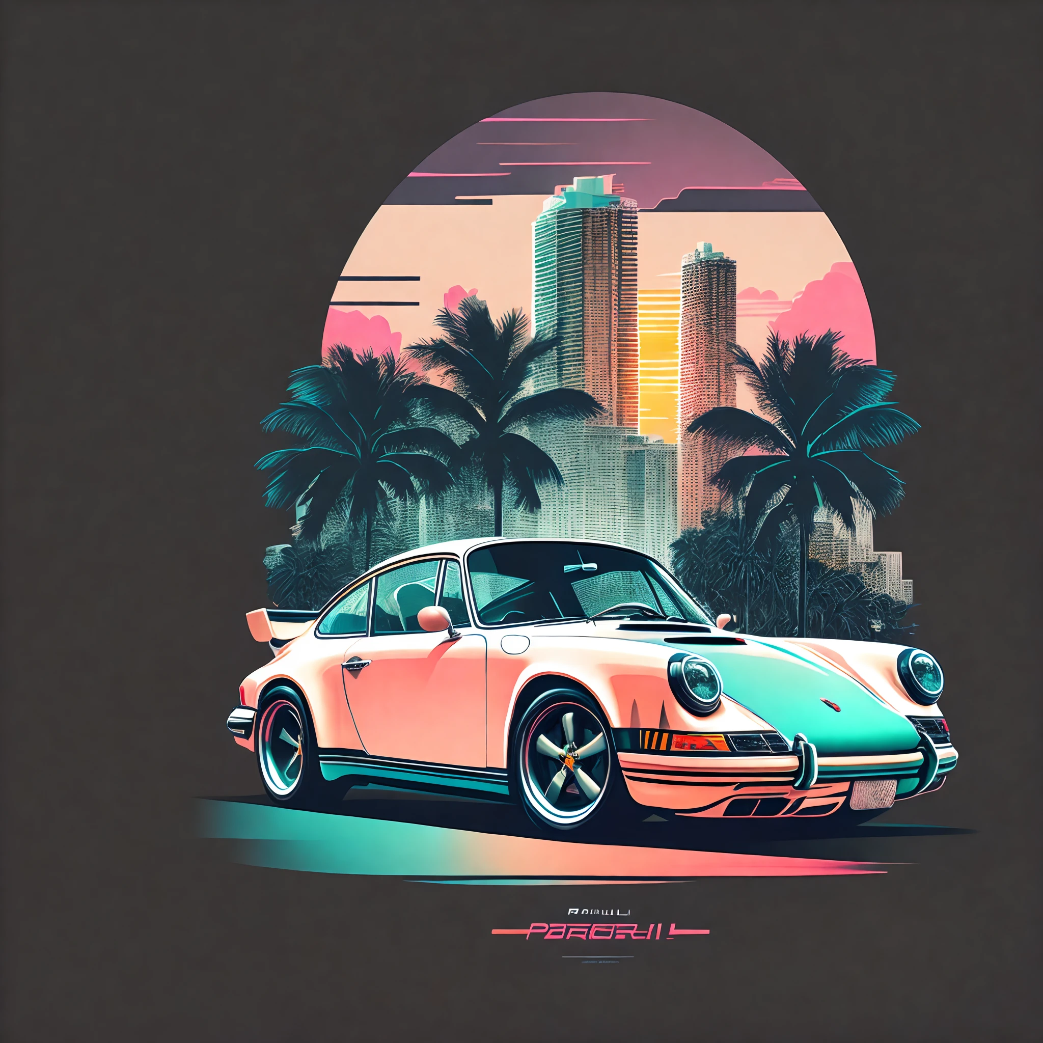 Artwork for t-shirt graphic design, a retro graphic design, porsche 911, miami street, soft four color color, vintage pastel tone, highly detailed clean, vector image, realistic masterpiece, professional photography, realistic car, simple car sunrise background, flat black background, isometric, vibrant vector
