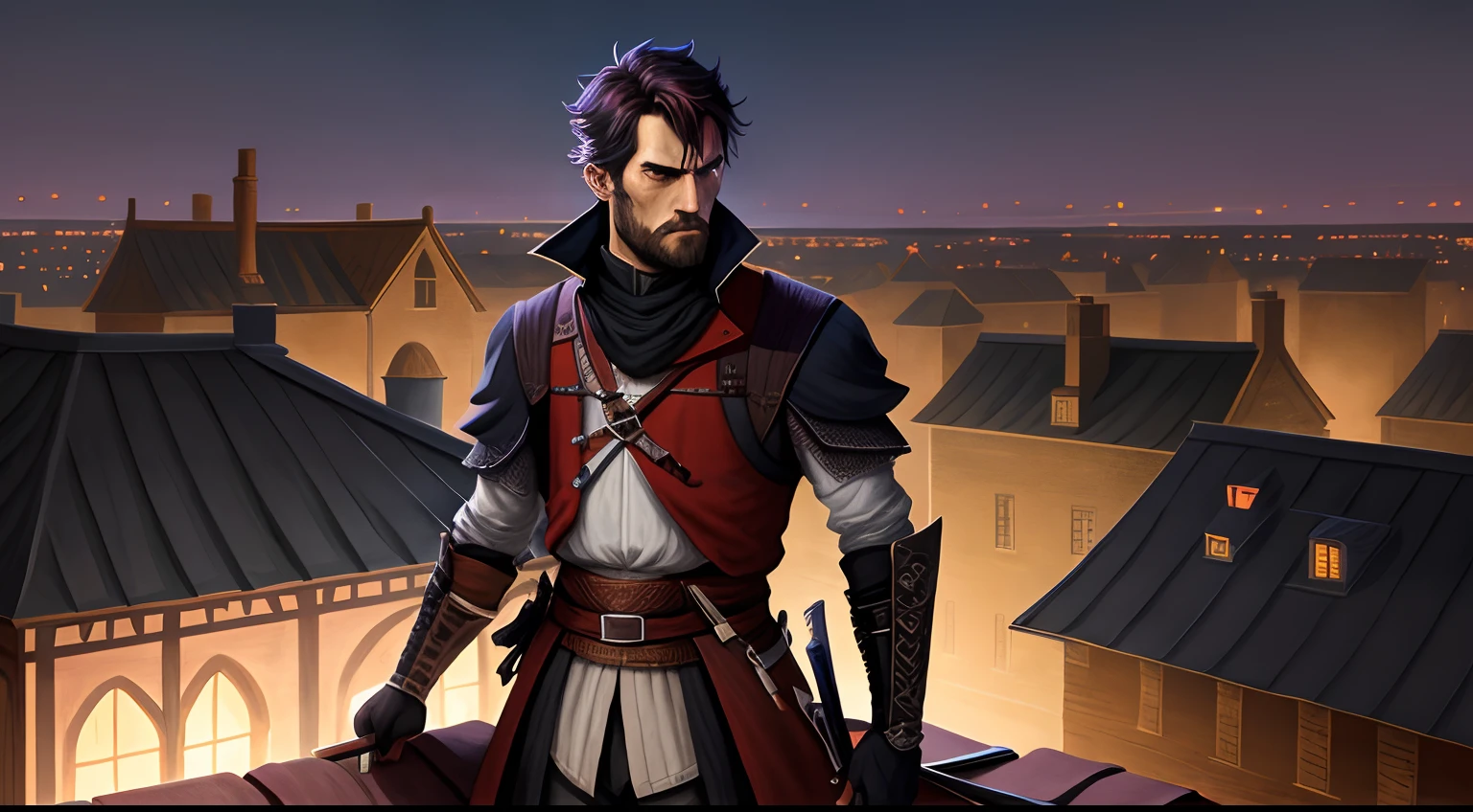 A full color drawing of a 16th century male assassin on a rooftop at night