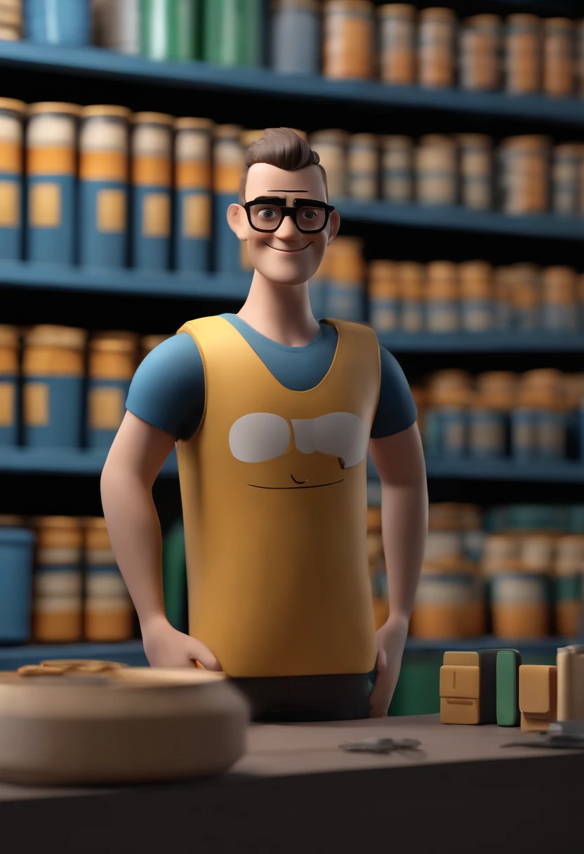 Cartoon character of a man wearing black glasses and a blue shirt, um personagem animado, Caractere estilizado, animation style rendering, 3D estilizado, Arnold Maya render, 3 d render stylized, toon render keyshot, Personagem 3D, Personagem 3D, 3d rendering stylized, 3 d character render, personagem de desenho animado, Personagem de close up, Pose de personagem, (Estilo Pixar) (master part:1.2) (Bokeh) (best quality) (pele detalhada) (textura detalhada) (8k) (argila) (Cinematic lighting) (foco nítido,Senta e vaza a parte superior do corpo
