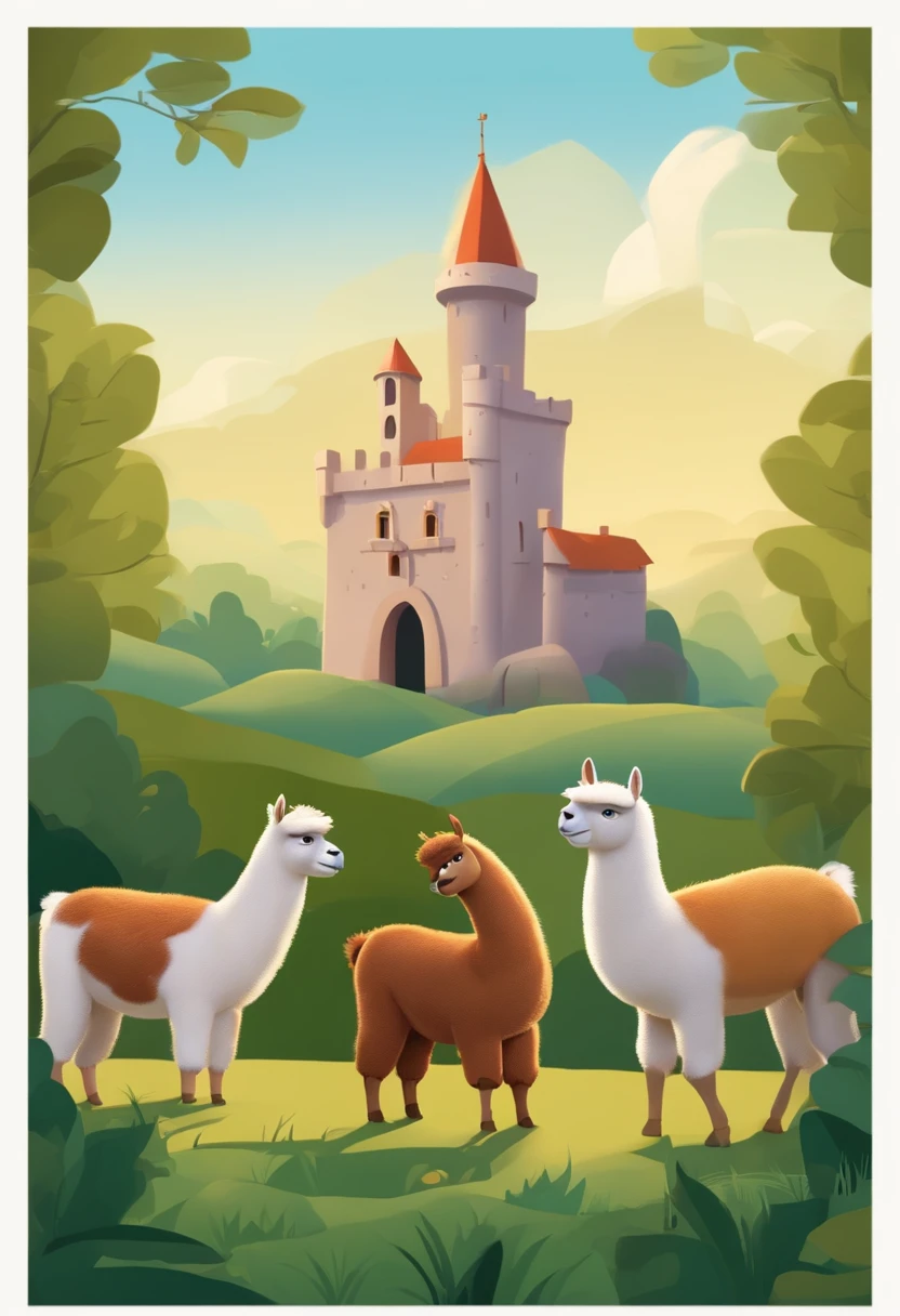 Criar um campo com um castelo e 2 alpacas no estilo Pixar, Com nome "mini fazendinha monte castelo", poster, with credits