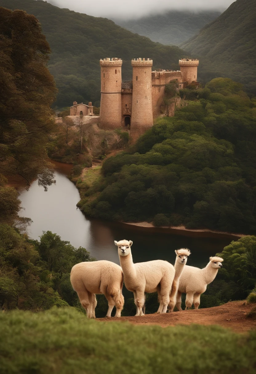 Criar um campo com um castelo e 2 alpacas no estilo Pixar, Com nome "mini fazendinha monte castelo", poster, with credits
