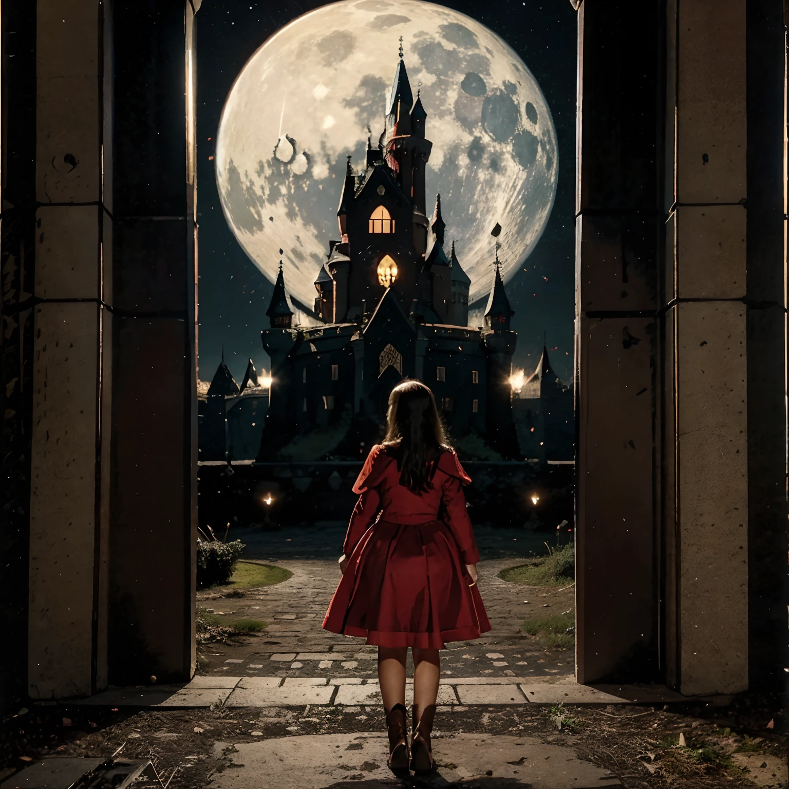 Gothic castle at night, 5 moons, Girl in a red dress standing at the entrance, A large castle compared to the silhouette of a girl