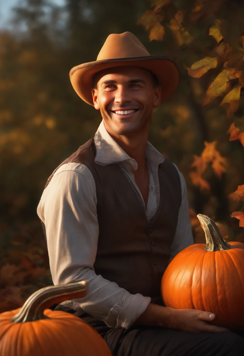 (high quality,realistic,photorealistic:1.2),smiling friendly man with a realistic pumpkin head,vibrant color palette,pumpkin head,friendly smile,realistic pumpkin details,vivid colors,painted in oil medium,detailed facial features,dark and rich background,sharp focus,HDR lighting,autumn theme