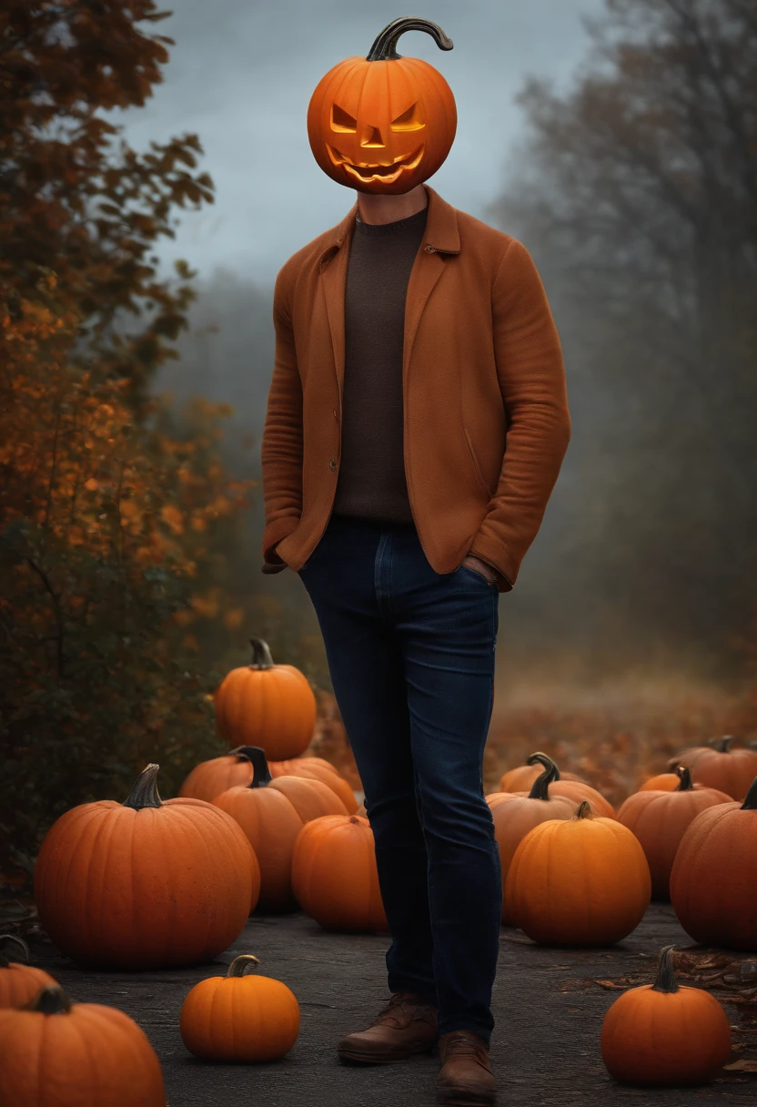 (high quality,realistic,photorealistic:1.2),smiling friendly man with a realistic pumpkin head,vibrant color palette,pumpkin head,friendly smile,realistic pumpkin details,vivid colors,painted in oil medium,detailed facial features,dark and rich background,sharp focus,HDR lighting,autumn theme