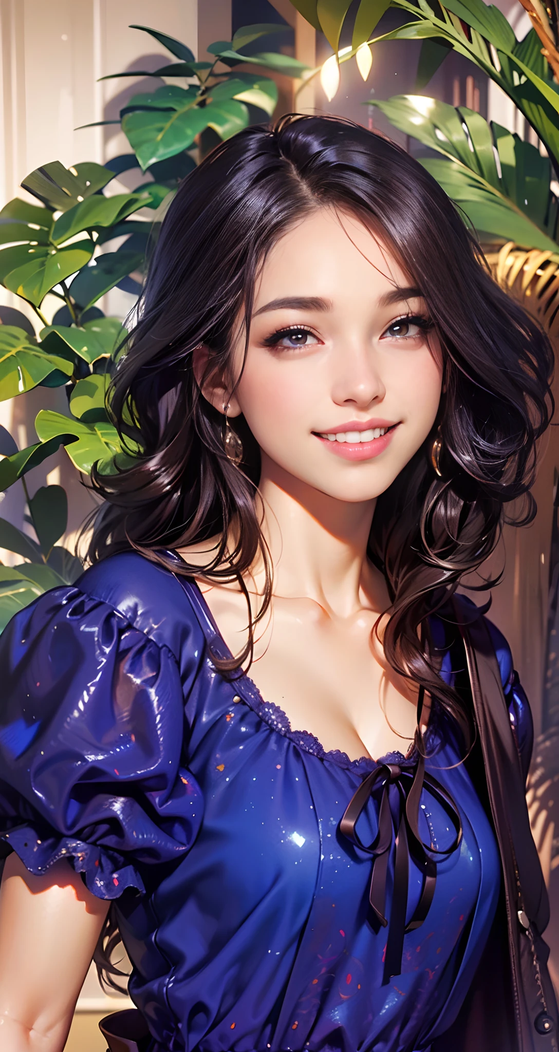 1girl, beautiful face, perfect brown eyes, round pupils, amazing summer dress, tropical background, by Adam hughes, upper body centered, multi-color hair, happy smile, 8k amazing details, volumetric lighting,