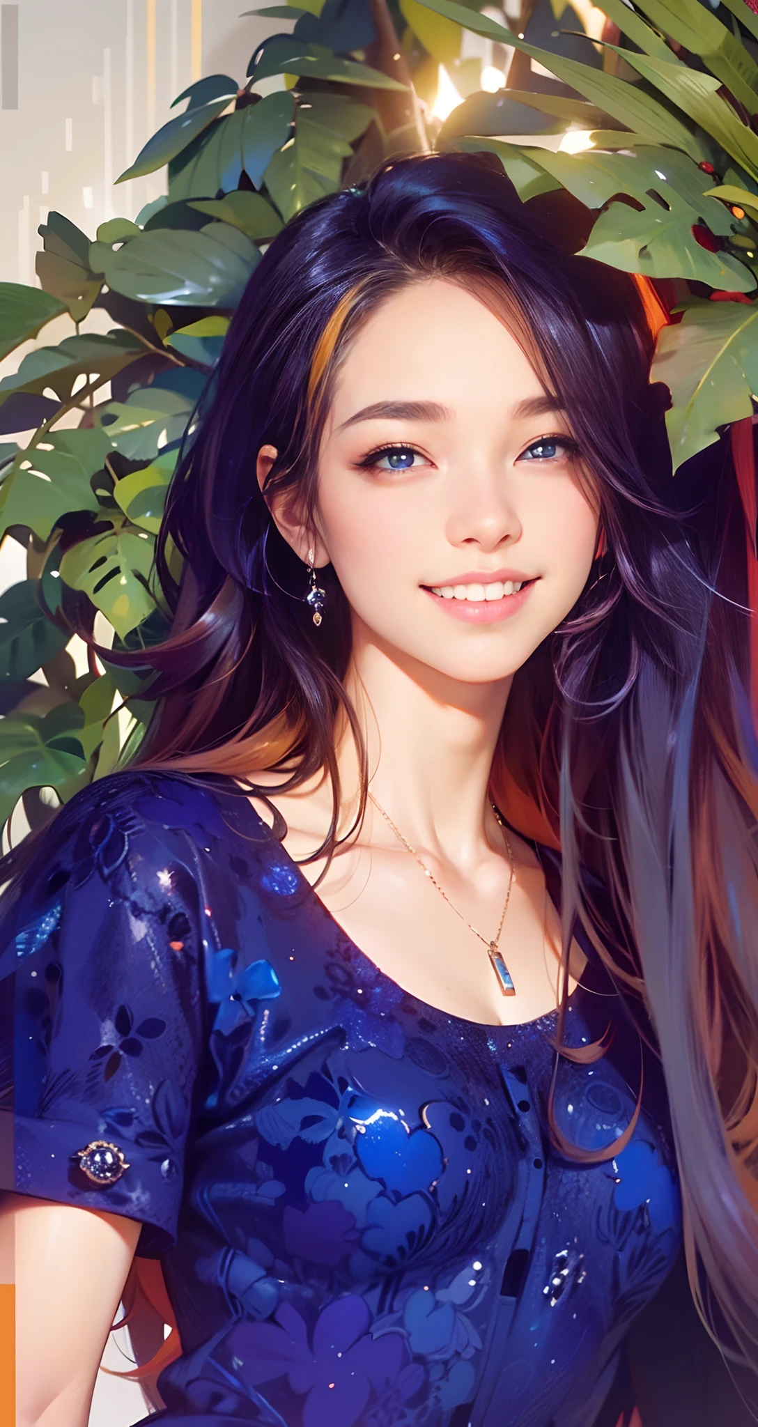 1girl, beautiful face, perfect eyes, round pupils, tropical background, by Adam hughes, upper body centered, multi-color hair, happy smile, 8k amazing details, volumetric lighting,