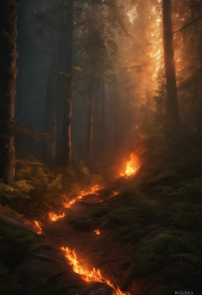 Ultra-detailed CG unity 8k wallpaper, Masterpiece, Best quality, Depth of field, hdr, Intricate), (by Greg Rutkowski: 1.2), Forest of the Wind, Fire Forest: Medieval fantasy forest, Desperate to stay alive full of angles, Forest of Fire, The terrifying atmosphere of death,,The flames of despair are burning，,Desperate fire，There were countless deaths and injuries, ventania."ln the forest，Desperately pinpricked