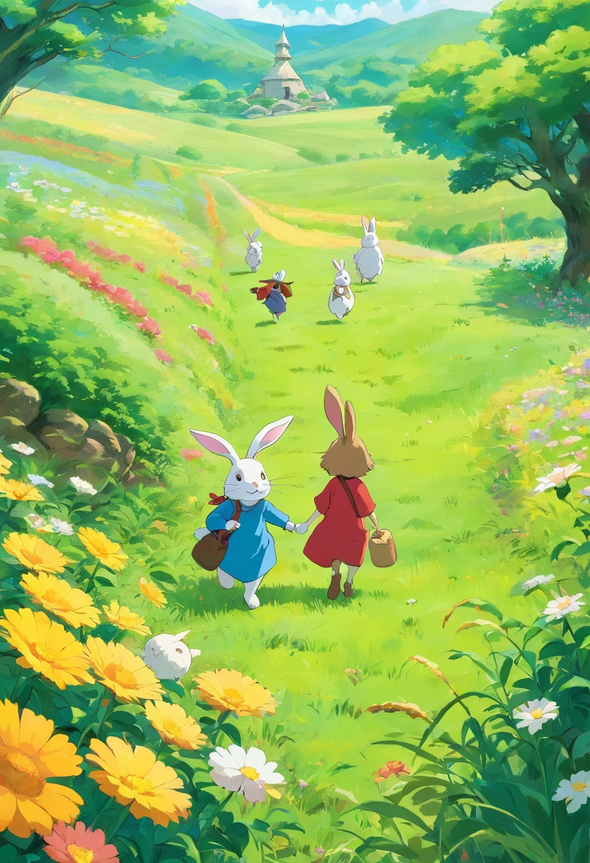 The rabbit is in the field with its friends and family