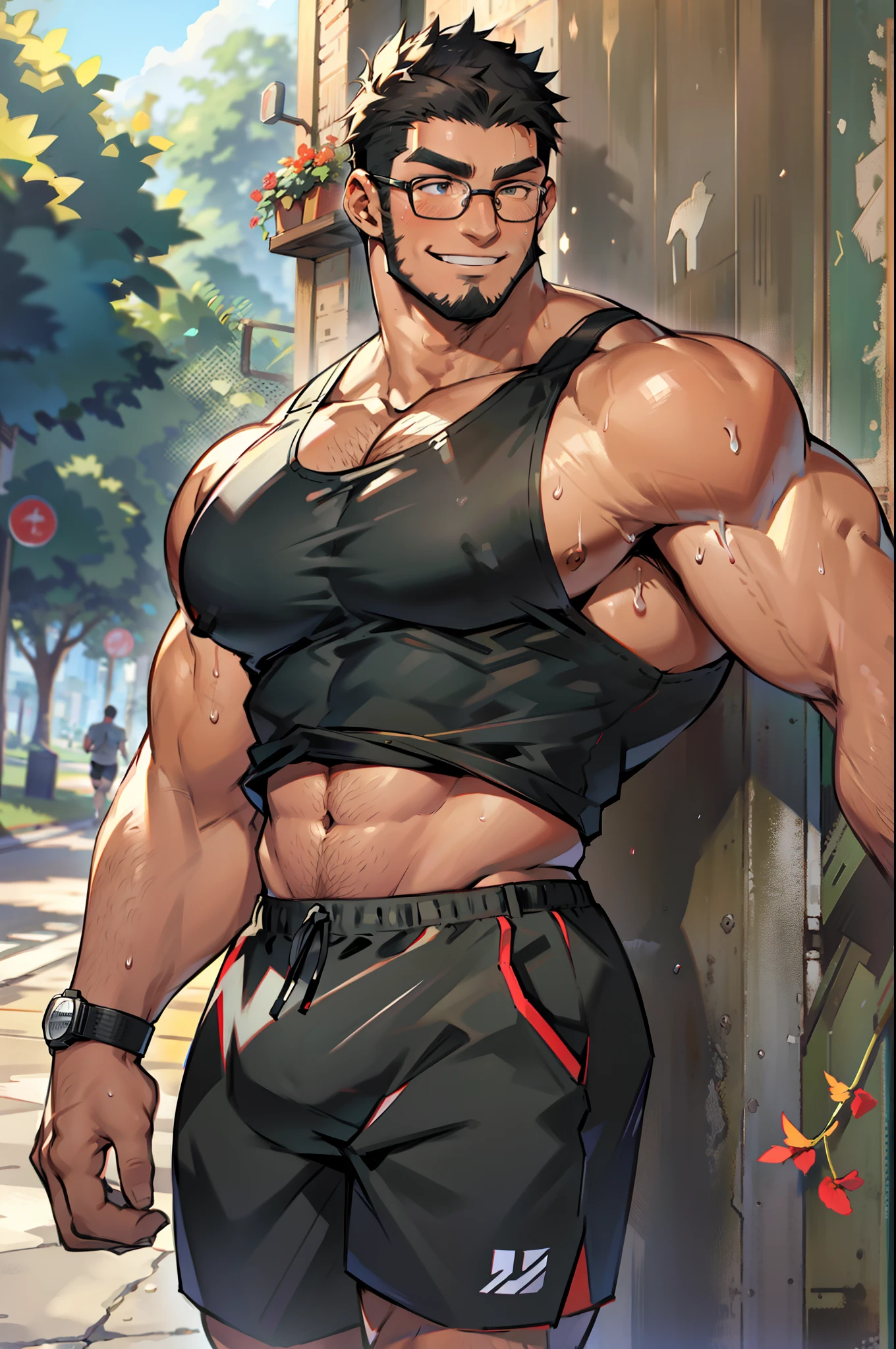 ((Anime style art)), Extremely muscular masculine character, bodybuilder body, wearing a V-neck t-shirt, The character is leaning against a wall. Pockets, Futuristic cityscape, Busy route, Buildings, person
AS & Vehicles. Main character from the anime, Nice image, Hard drive, 4k, Main character leaning against a wall with his hands at face level.