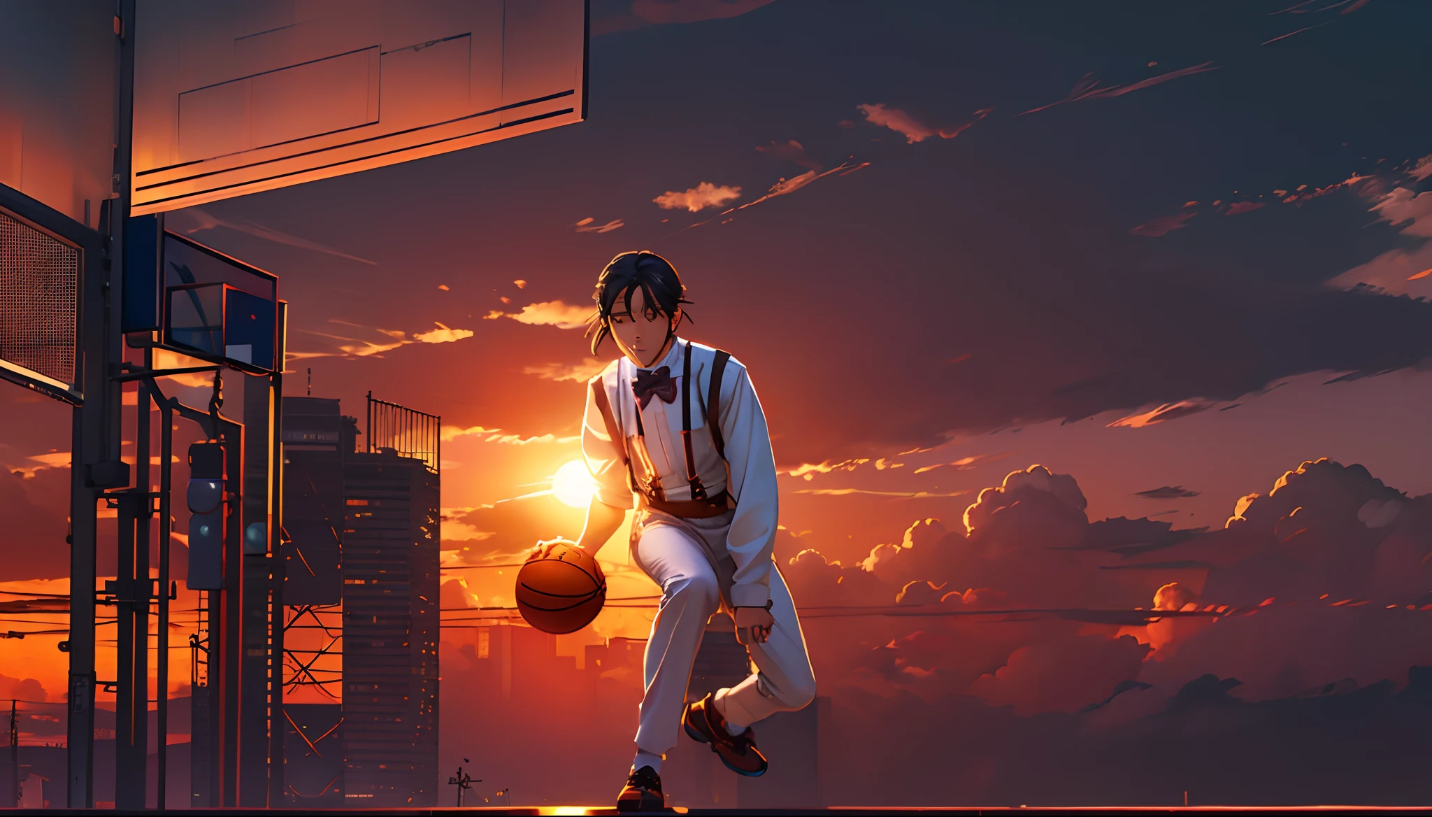 the sunset,eventide,Suspenders,middle parted hairstyle,Five fingers clear,Two feet,Right-handed basketball,Put your feet on the ground