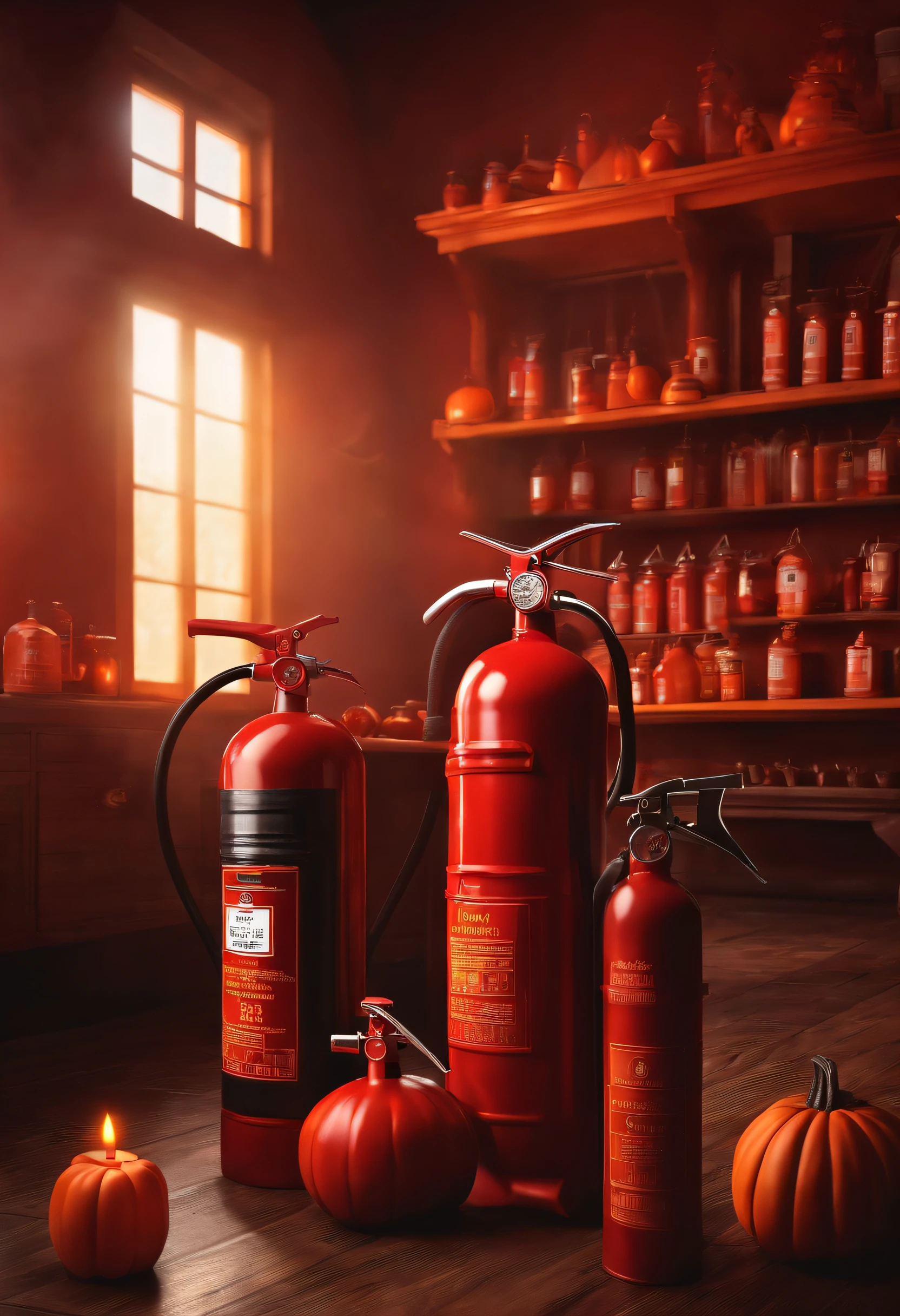 Criar imagem de 16:9 com tema de halloween, ao fundo aboboras de halloween, and three fire extinguishers at the center (realistas), alta qualidade