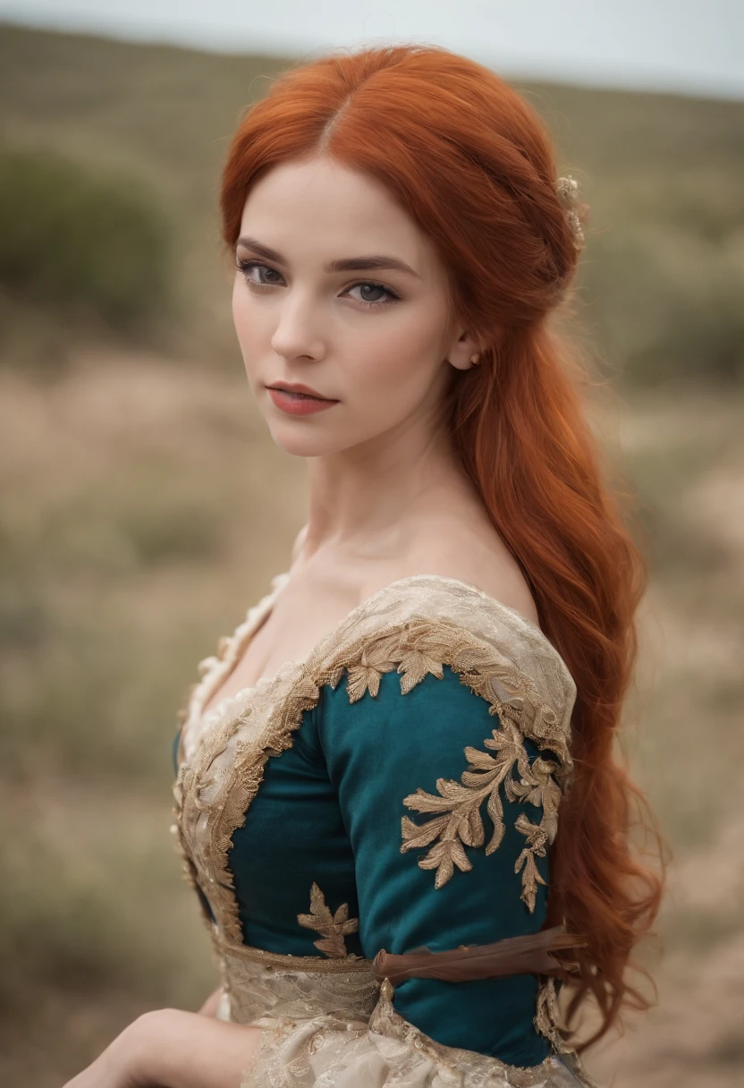 master part, best quality, sozinho, 1girl, orange hair, cabelos azuis, :d, vestido laranja, Olhando para o Viewer, ao ar livre, areia, dunas de areia, Castelo enorme, coroa, Standing, corpo inteiro, cowboy shot, Hands on hips,