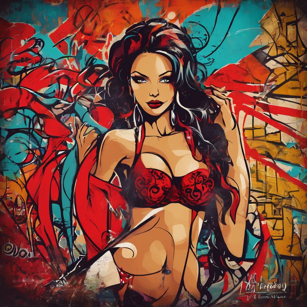 A beautiful woman wearing red devil lingerie