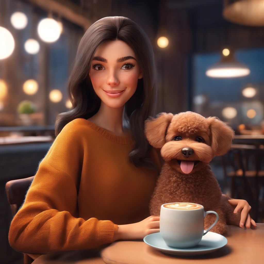 Cute black long straight hair brown eyes round face girl wearing brown sweater sitting in café drinking coffee, Sunset, toothy smile without bangs, holding a poodle puppy in your arms