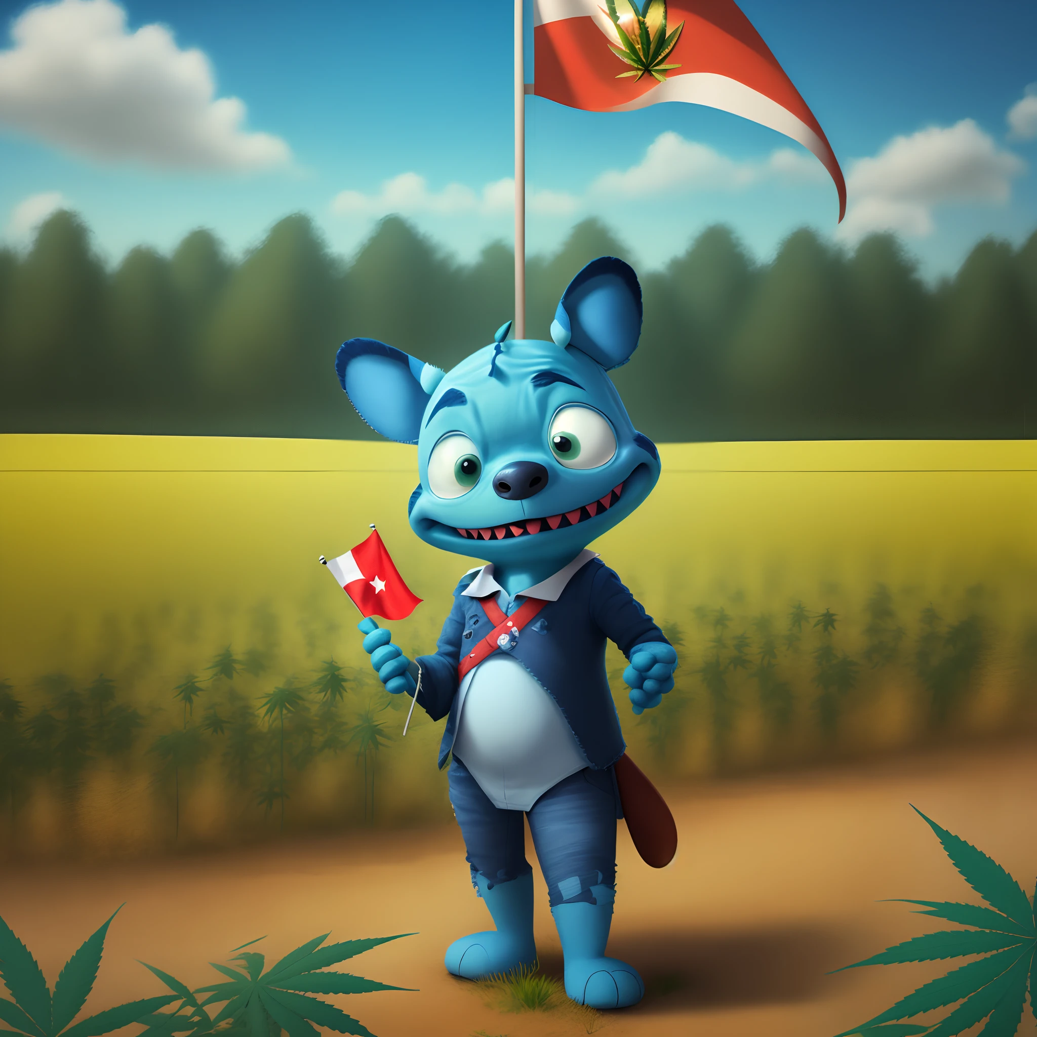 Stitch cartoon character in a field of marijuana at might holding Portuguese flag