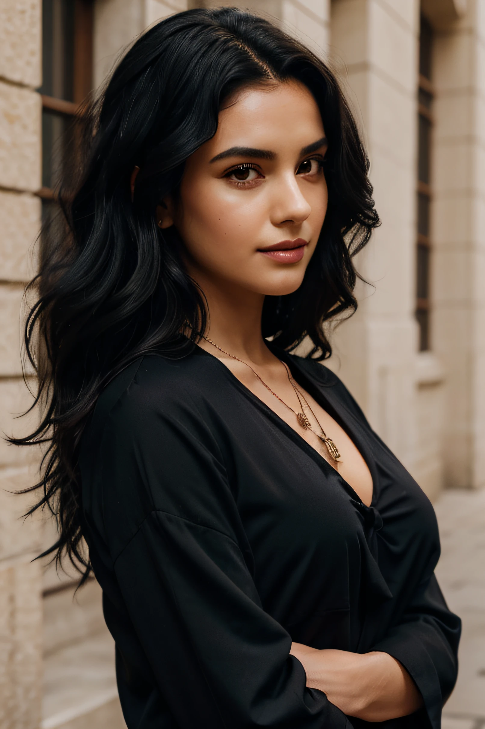 arafed woman with a cross necklace and a black shirt, a portrait by Zofia Stryjenska, trending on pexels, photorealism, hand on her chin, her black hair is a long curly, girl with black hair, curly dark hair, curly black hair, editorial portrait, wavy black hair, long wild black curly hair, messy black hair, ssexy, nipple breast, skin soft