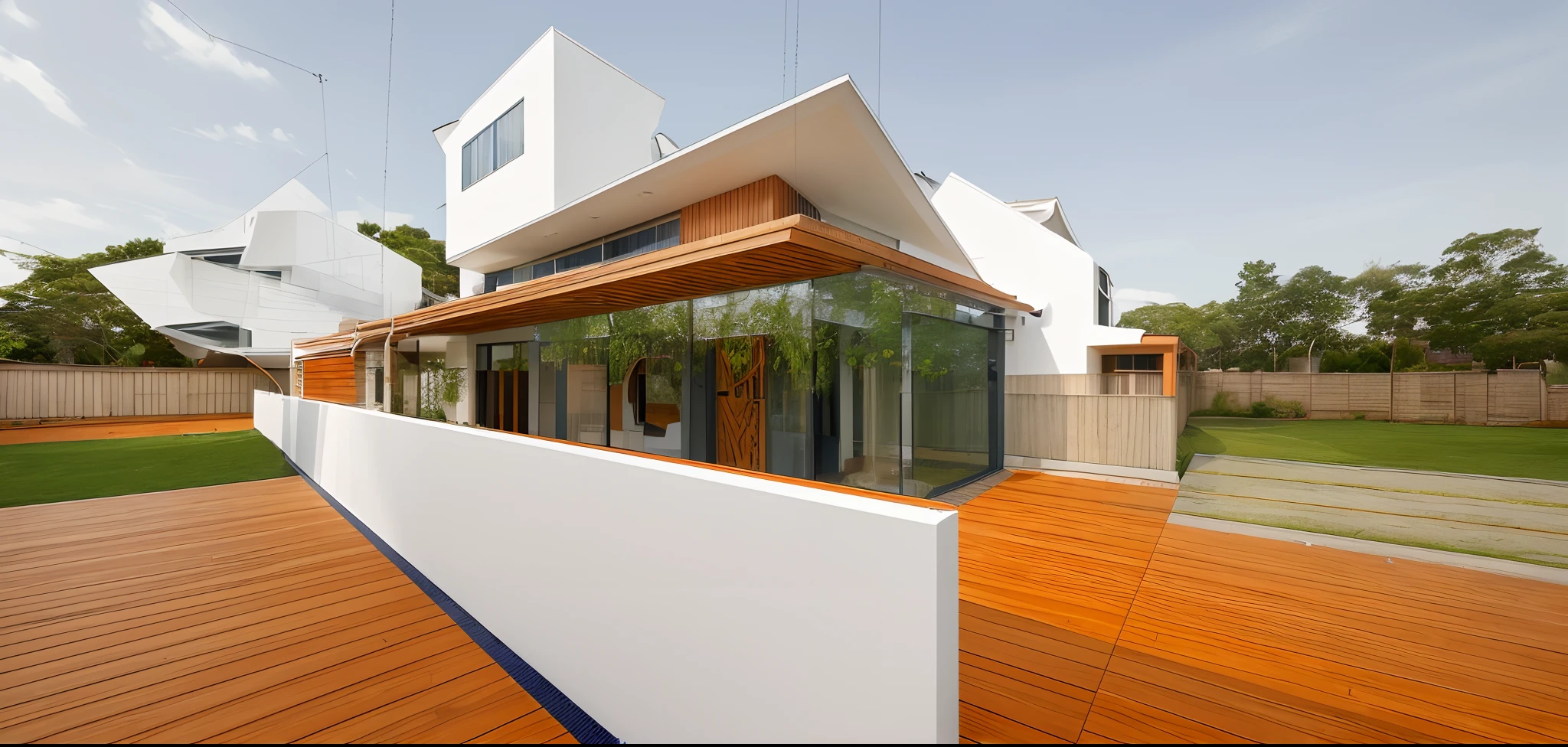 Modern style house, level 4 with modern architecture, light wooden main door, wooden frame windows with glass, climbing plants on the roof, striped wooden ceiling, white painted blinds, wooden floors, navy Blue and orange color scheme,many rural landscapes grass