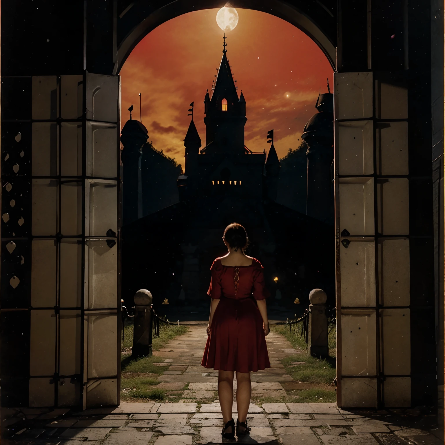 Gothic castle at night, 5 moons, Girl in a red dress standing at the entrance, A large castle compared to the silhouette of a girl