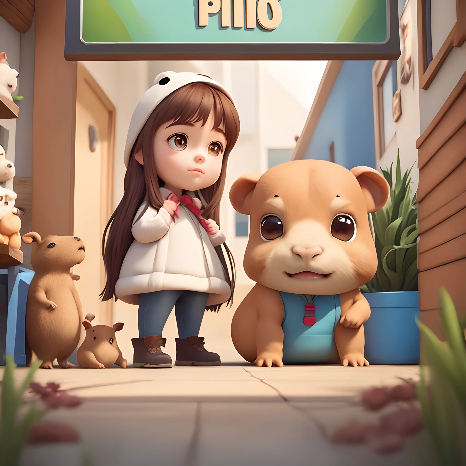 Pixar movie poster with a brunette girl dressed with a capybara costume