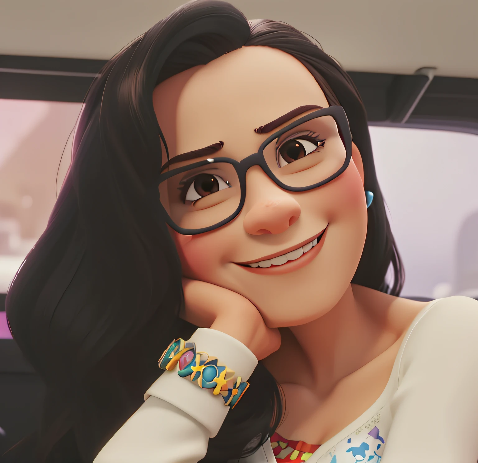 mulher caucasiana, cabelos pretos, eyeglass, sorrindo, estilo pixar disney