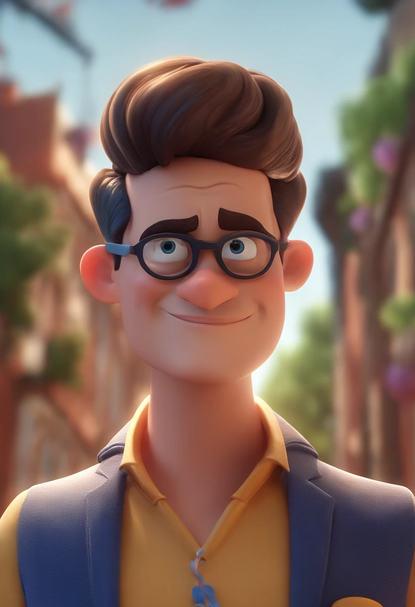 Cartoon character of a man wearing black glasses and a blue shirt, um personagem animado, Caractere estilizado, animation style rendering, 3D estilizado, Arnold Maya render, 3 d render stylized, toon render keyshot, Personagem 3D, Personagem 3D, 3d rendering stylized, 3 d character render, personagem de desenho animado, Personagem de close up, Pose de personagem, (Estilo Pixar) (master part:1.2) (Bokeh) (best quality) (pele detalhada) (textura detalhada) (8k) (argila) (Cinematic lighting) (foco nítido,Senta e vaza a parte superior do corpo